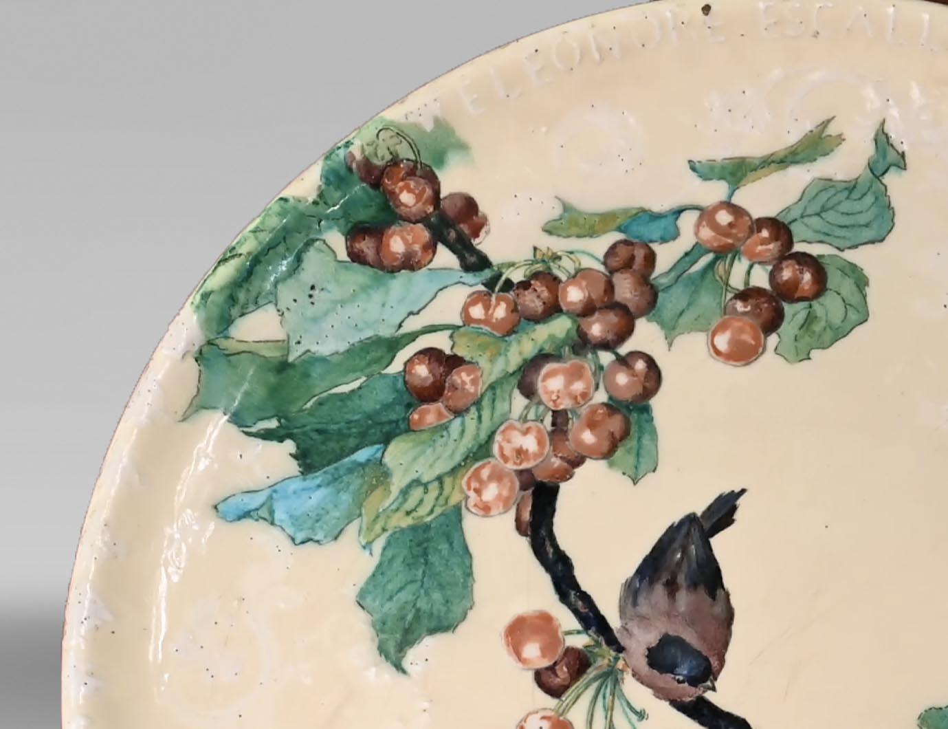French Théodore DECK, Éléonore ESCALLIER, Ornamental Dish With Titmices