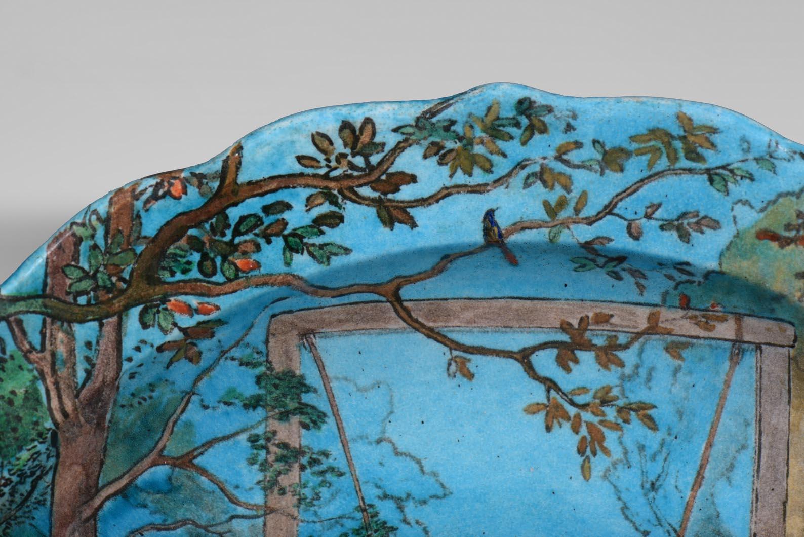 Vernissé Théodore DECK, Eugène GLUCK, Plat The Ornamental avec une scène bucolique en vente