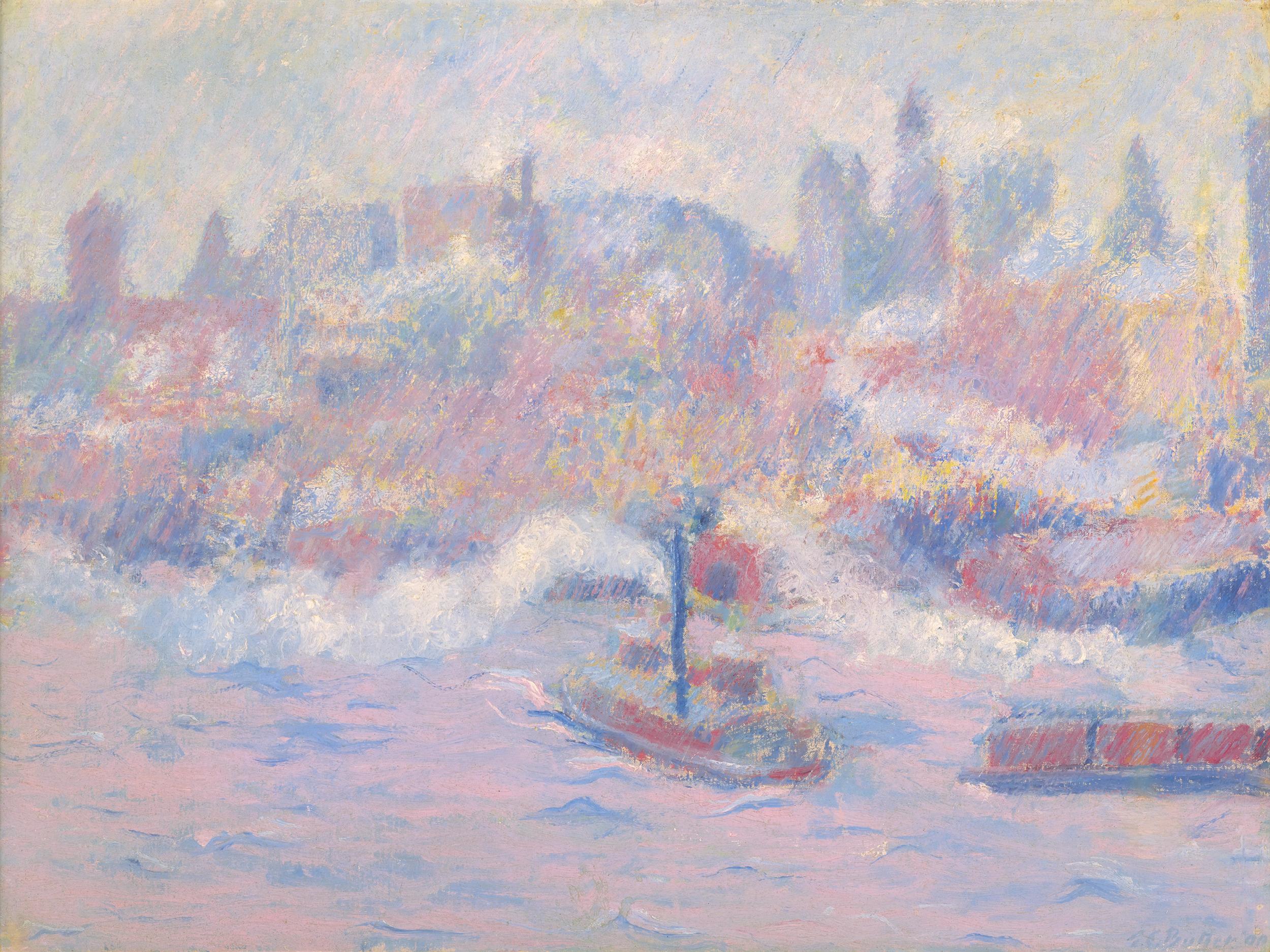 Theodore Earl Butler
1861-1936  American

East River

Signed and dated "T.E. Butler 00" (lower left)
Oil on canvas

Theodore Earl Butler was a leading figure of the American Impressionist movement, and this oil on canvas is a highly important
