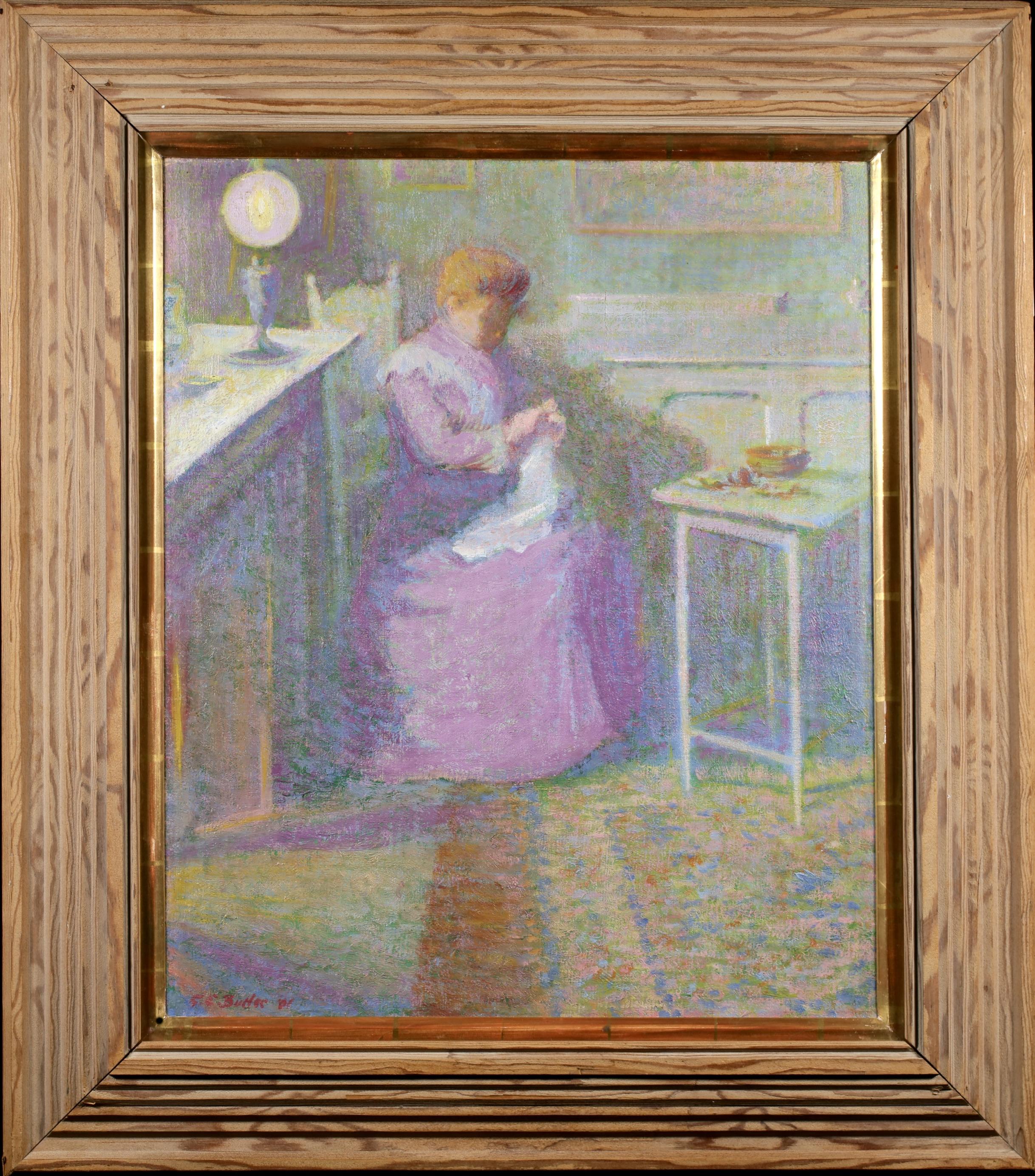 Signed and dated oil on canvas figure in interior by American impressionist painter Theodore Earl Butler. The work depicts Marthe Hoschede - the step daughter of Claude Monet and wife of Theodore Earl Butler in the living room at Monet's house in