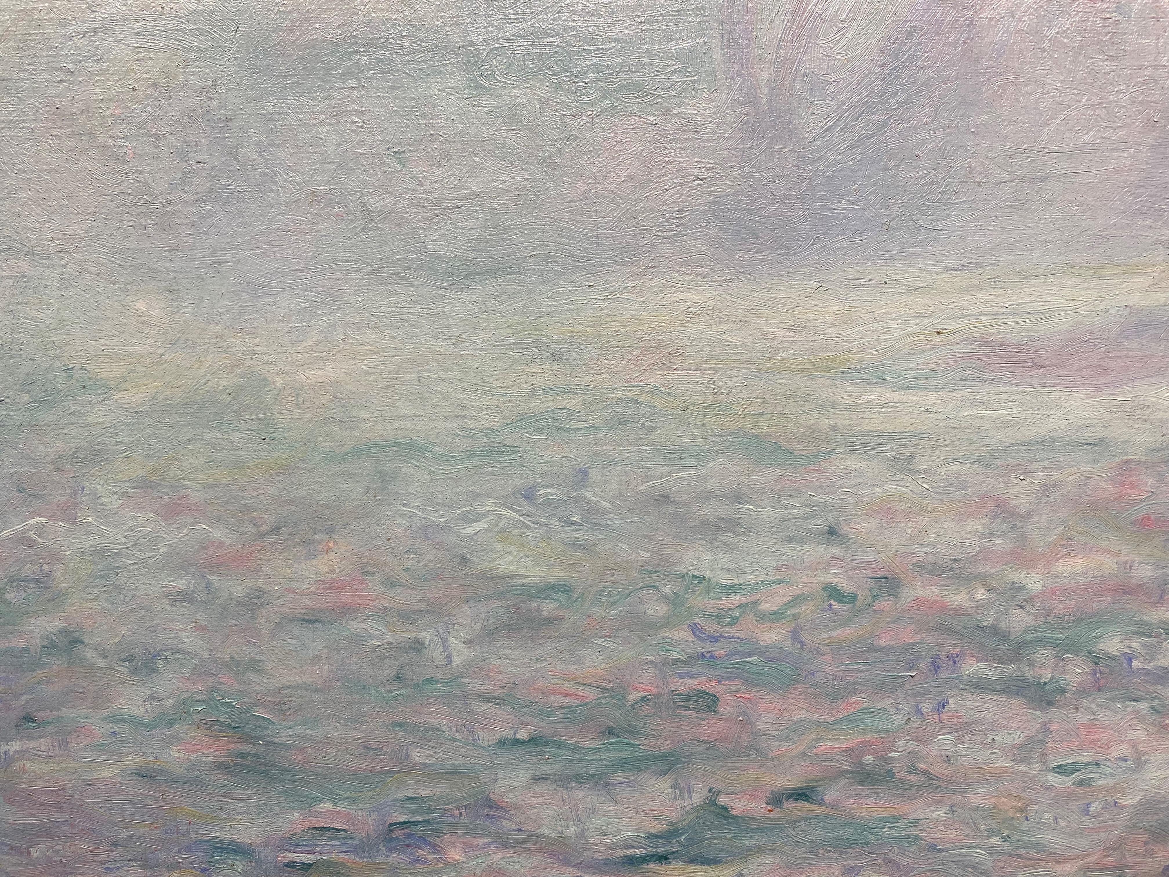 An exceptional  impressionist landscape of a farm in the mist in Giverny, France by American artist Theodore Earl Butler (1891-1936). Butler was born in Columbus, Ohio, and moved to Paris to study art. He befriended Claude Monet in Giverny, and
