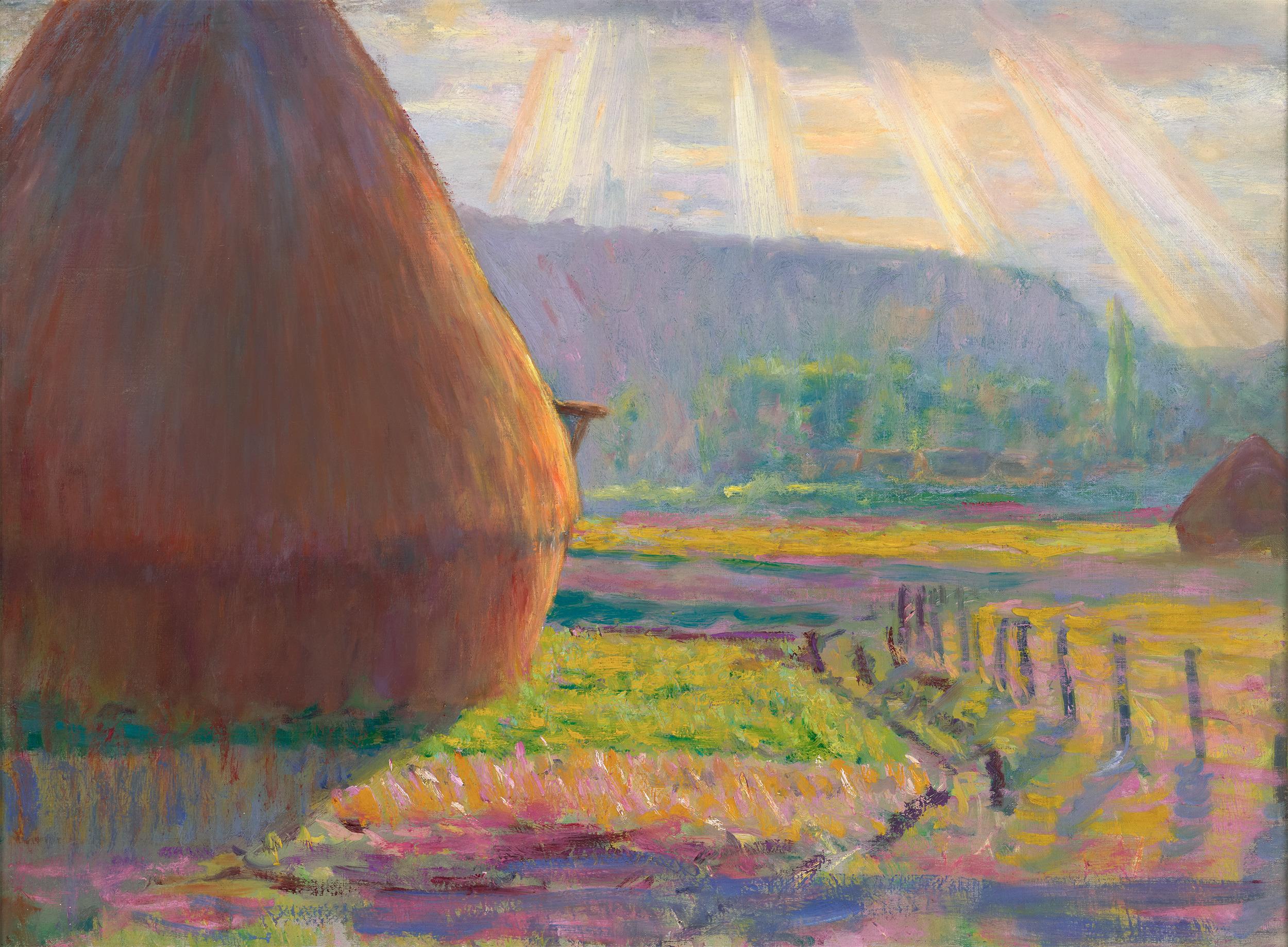 Theodore Earl Butler
1861-1936  American

Grainstacks in plaine des Ajoux, Giverny

Oil on canvas

Theodore Earl Butler was one of the leading American Impressionists, known for his vibrant landscapes that displayed his virtuosity with color, light