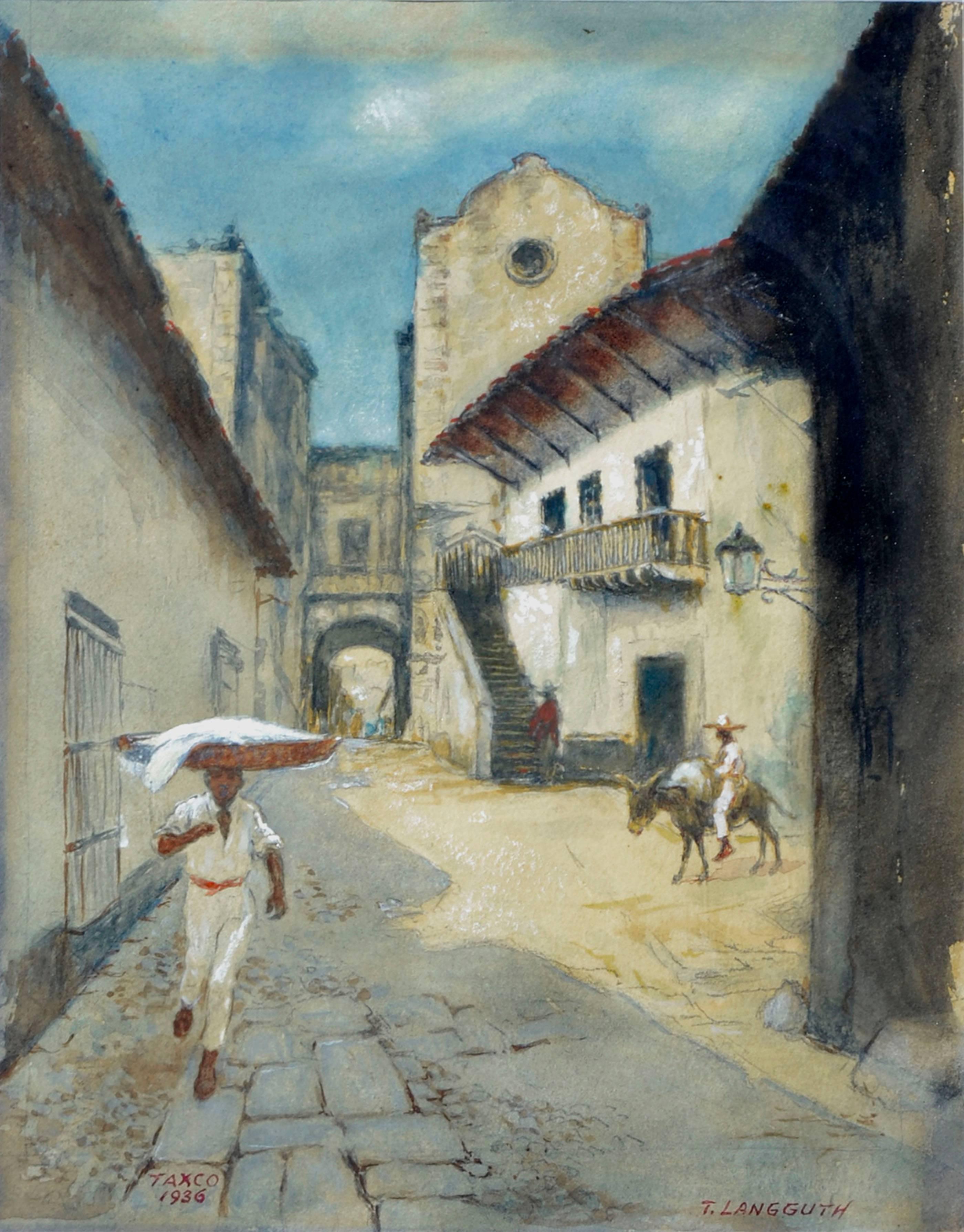 Taxco, Mexico - 1930's Figurative Village Landscape  - Painting by Theodore Ernest Langguth