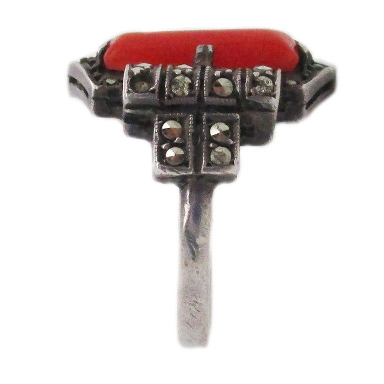 Theodore Fahrner Art Deco Sterling Silver Marcasite and Red Coral Ring ...