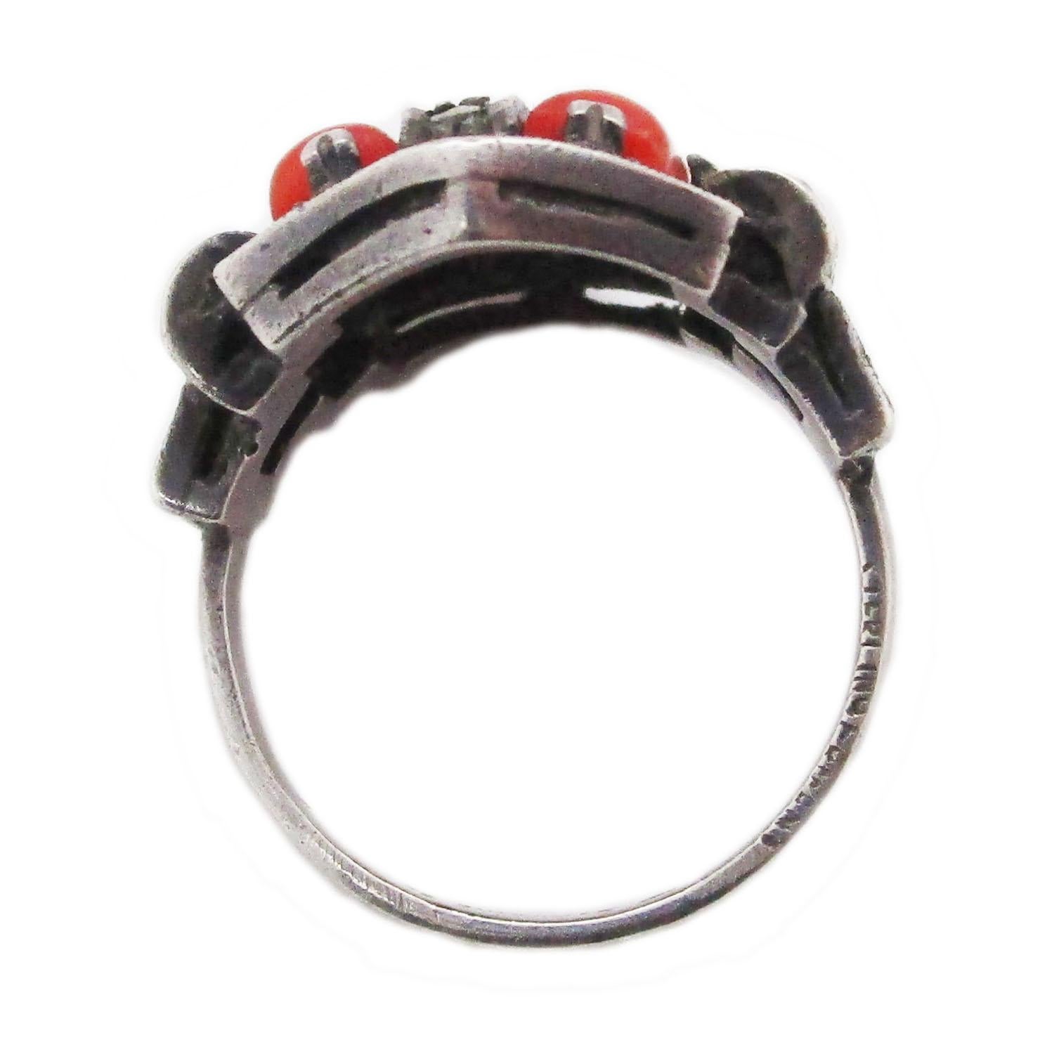 Uncut Theodore Fahrner Art Deco Sterling Silver Marcasite and Red Coral Ring