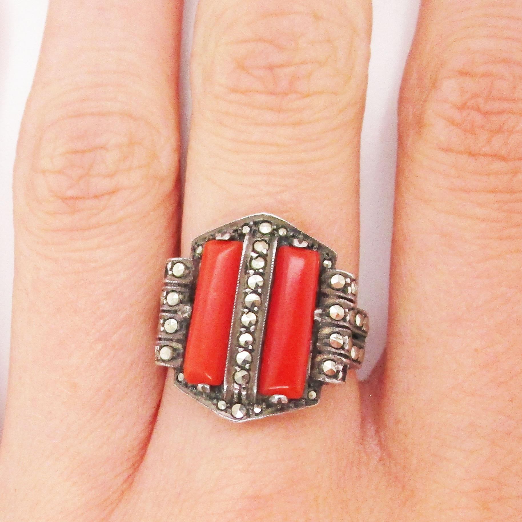 Theodore Fahrner Art Deco Sterling Silver Marcasite and Red Coral Ring In Excellent Condition In Lexington, KY