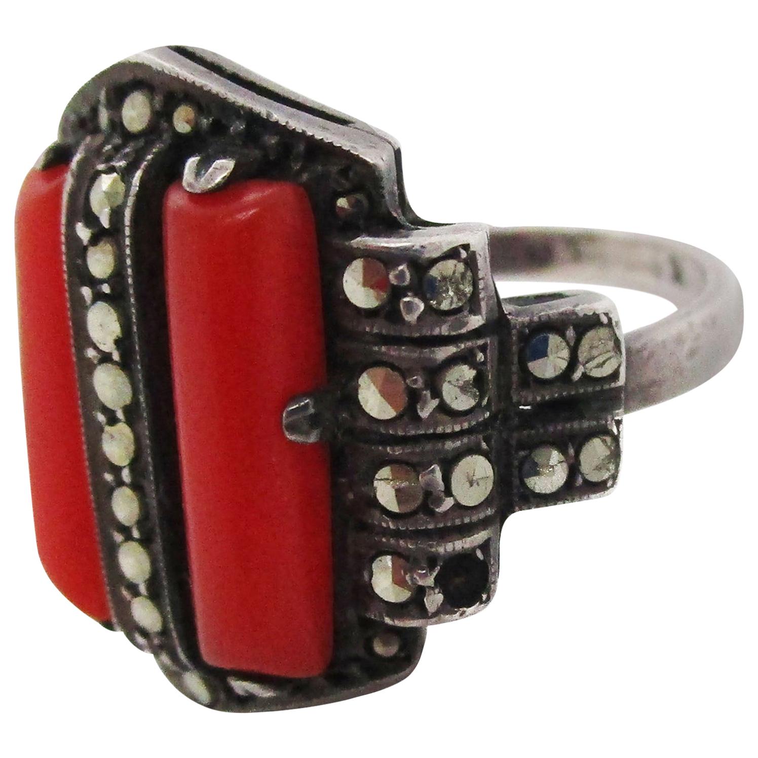 Theodore Fahrner Art Deco Sterling Silver Marcasite and Red Coral Ring