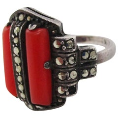 Vintage Theodore Fahrner Art Deco Sterling Silver Marcasite and Red Coral Ring