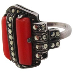 Theodore Fahrner Art Deco Sterling Silver Marcasite and Red Coral Ring