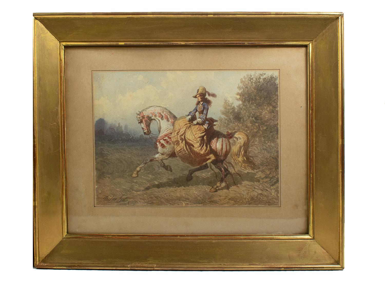 Théodore Fort (Französisch, 1810-1896)
Femmes à cheval pendant leur chasse à courre - Aquarellpaar - Damen auf dem Pferderücken bei der Jagd.
Jeweils unten links signiert
Bildgröße: 18 × 23 cm
Gerahmte Größe: 32,5 × 39,5 cm

Ein bezauberndes Paar