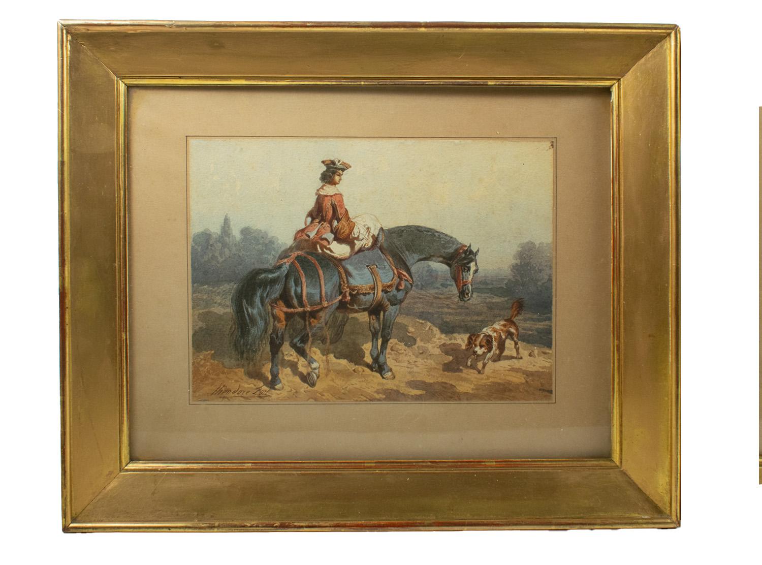 Théodore Fort (1810-1896) - Aquarell-Paar - Elegante Damen zu Pferd (Französisch) im Angebot