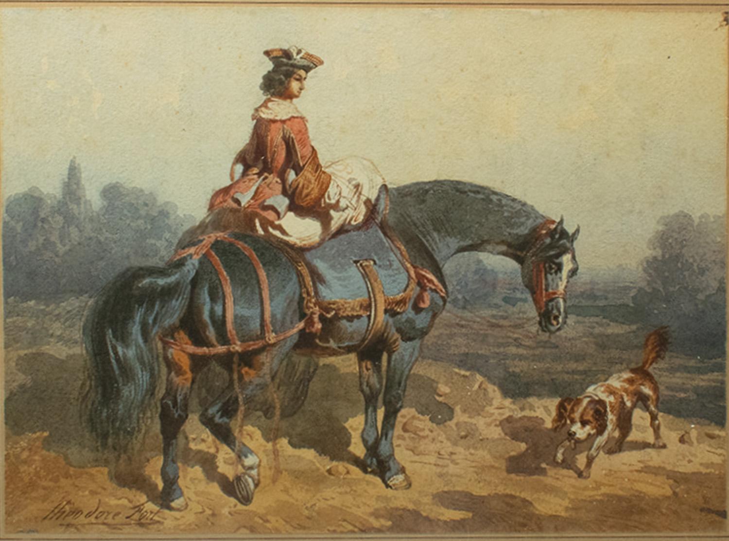 Théodore Fort (1810-1896) - Aquarell-Paar - Elegante Damen zu Pferd (19. Jahrhundert) im Angebot