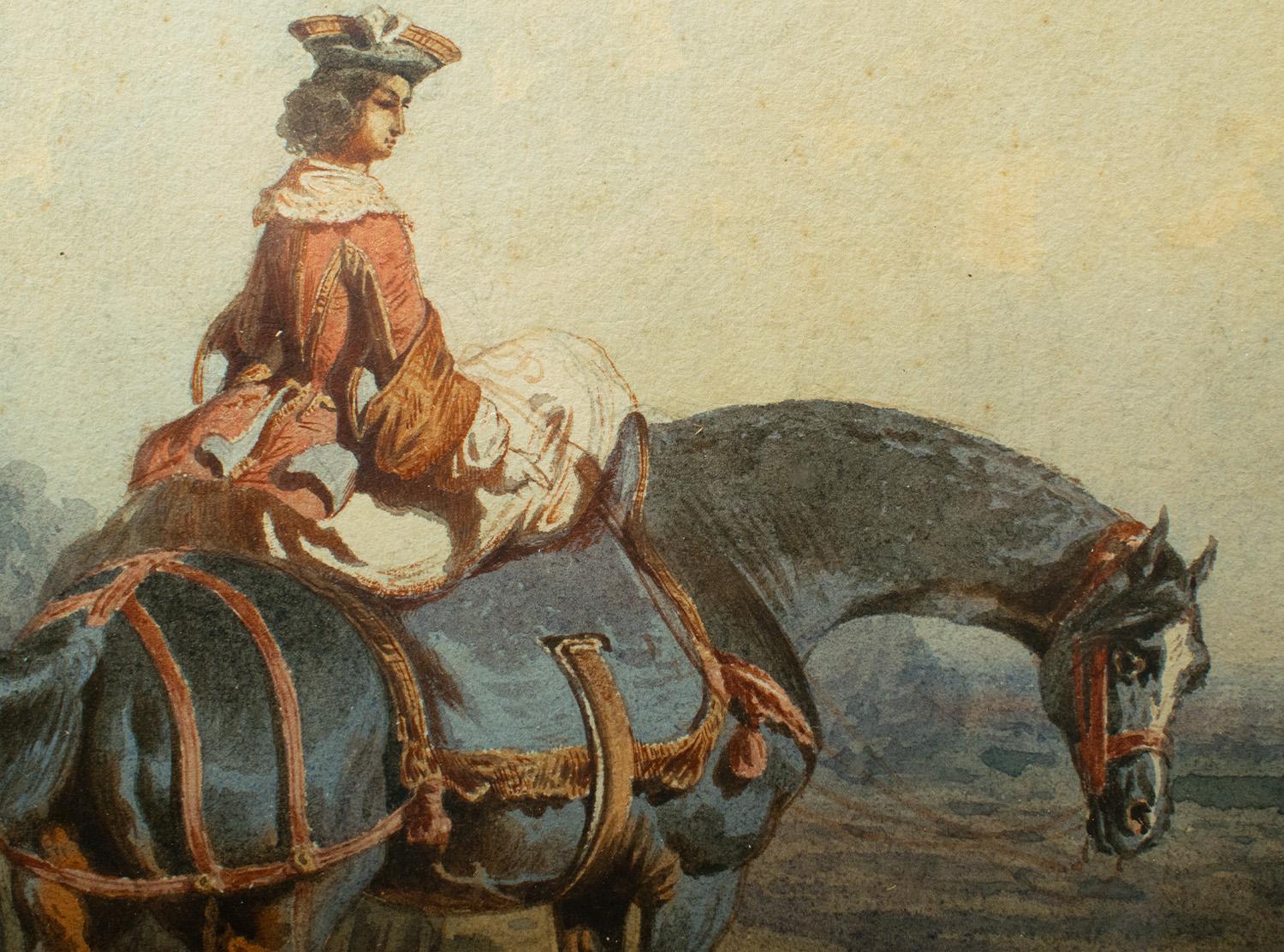 Théodore Fort (1810-1896) - Aquarell-Paar - Elegante Damen zu Pferd (Papier) im Angebot