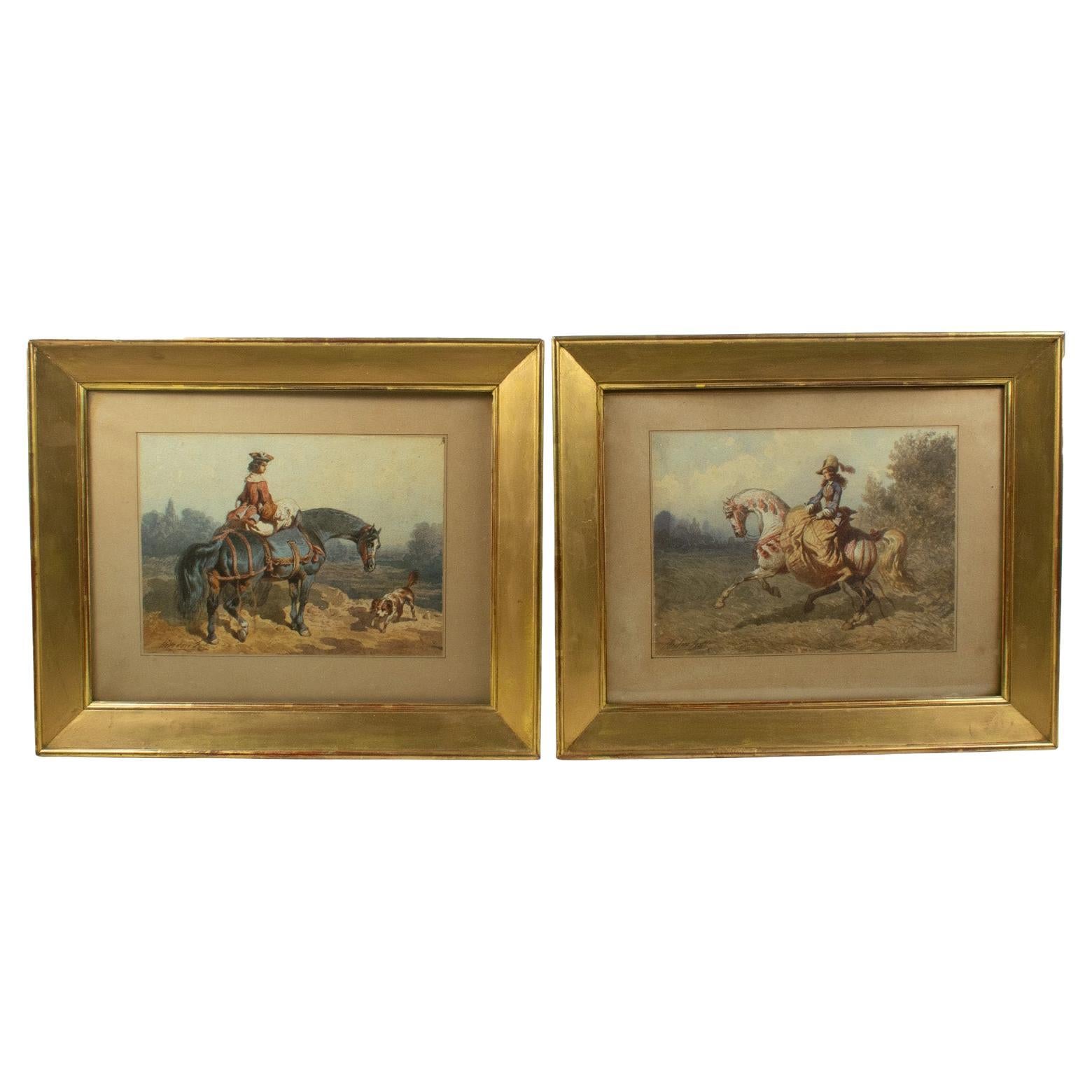 Théodore Fort (1810-1896) - Aquarell-Paar - Elegante Damen zu Pferd im Angebot