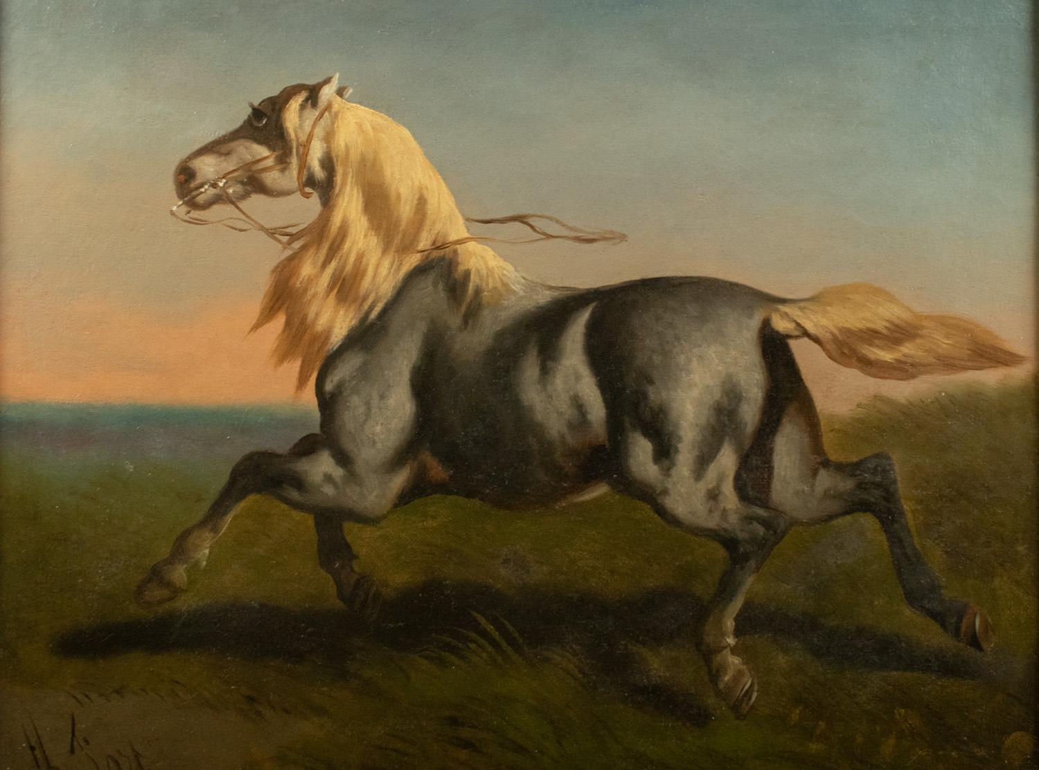 An elegant 19th-century equestrian oil by Théodore Fort (1810–1896), capturing a spirited grey horse, loose and mid-stride.

A dynamic and finely executed equestrian painting by Théodore Fort, celebrated 19th-century French artist renowned for his