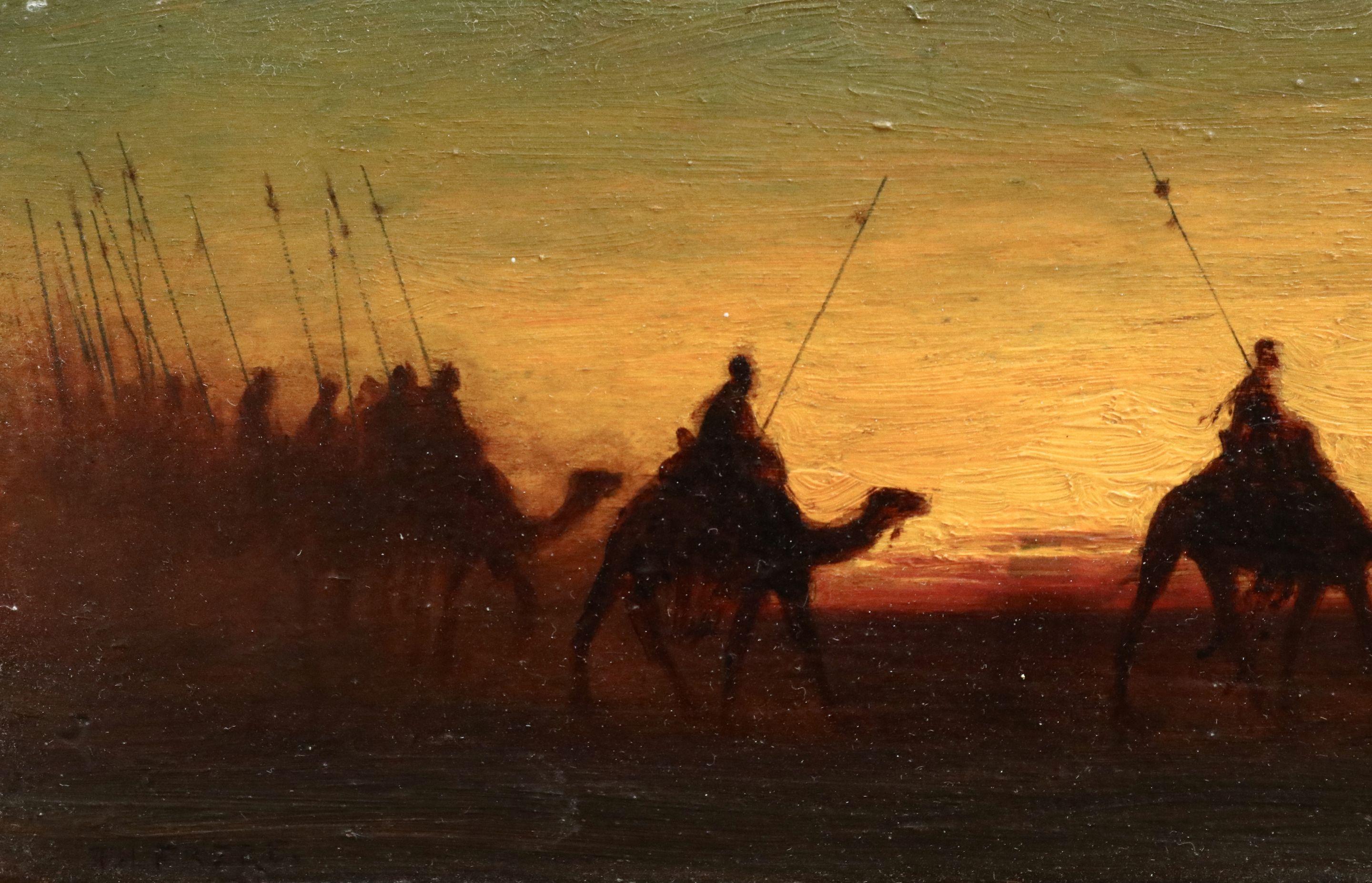 The Caravan - Evening - 19th Century Oil, Figures on Camels in Landscape - Frere - Painting by Theodore Frère