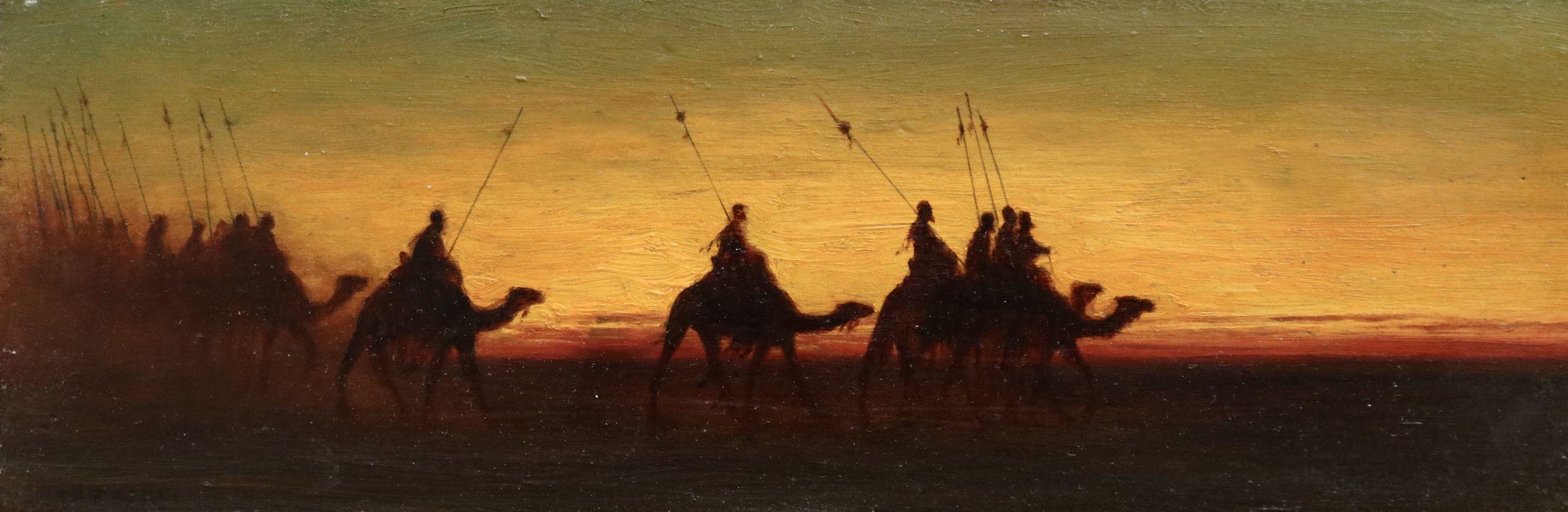 Theodore Frère Animal Painting - The Caravan - Evening - 19th Century Oil, Figures on Camels in Landscape - Frere