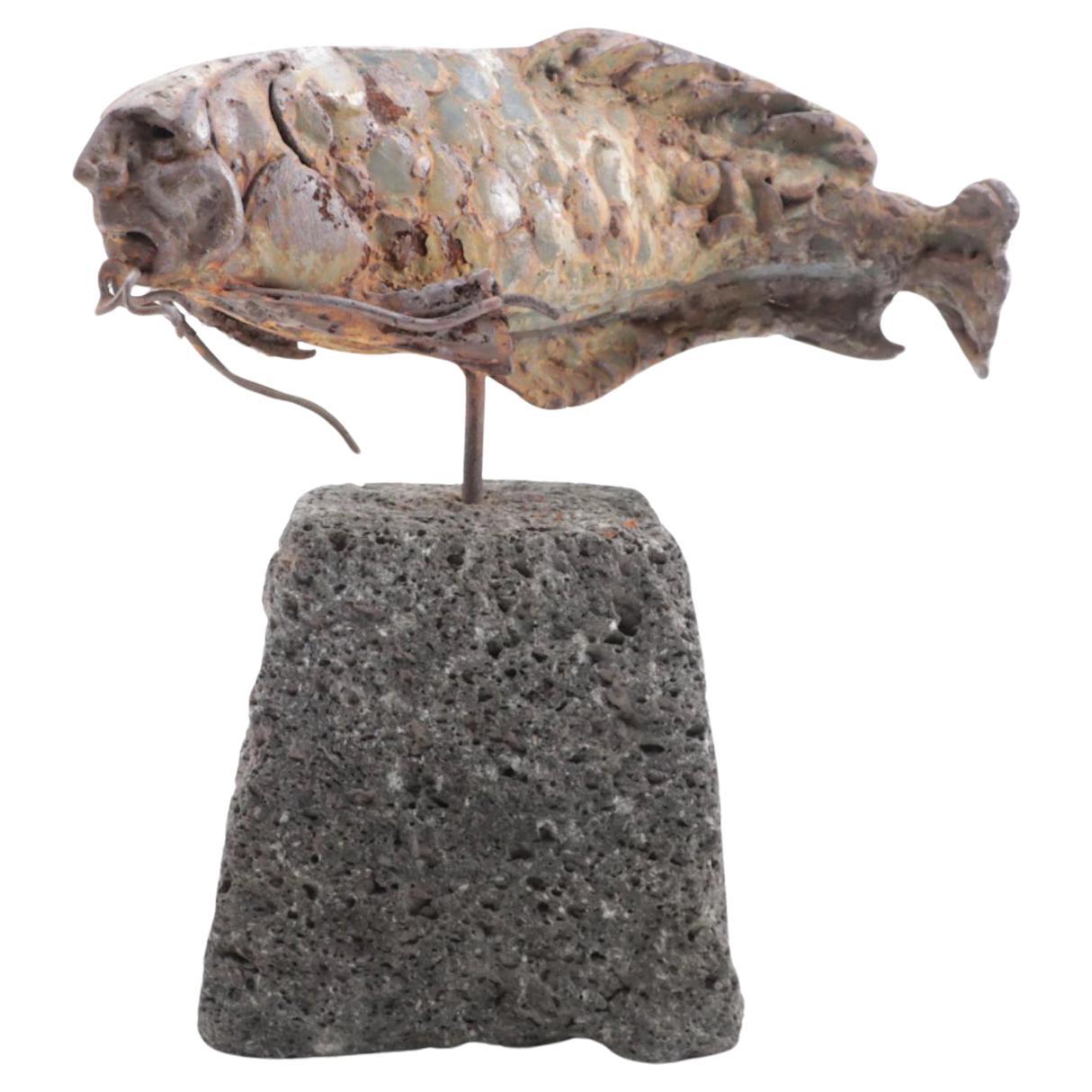 Theodore Gall Iron Sculpture of a Fish with Human Face, Circa 1987 For Sale
