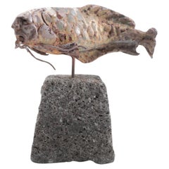 Vintage Theodore Gall Iron Sculpture of a Fish with Human Face, Circa 1987