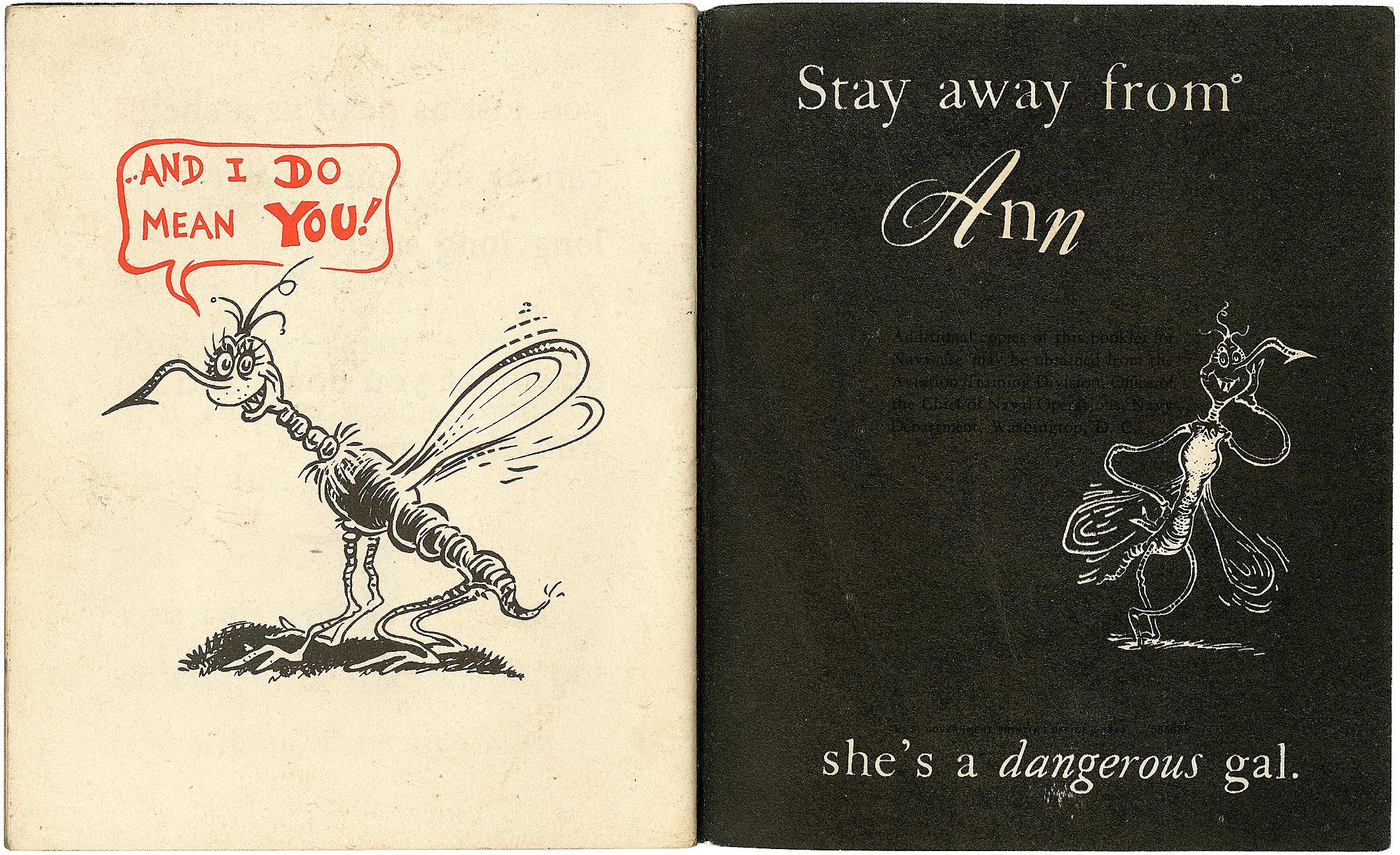 AUTHOR: LEAF, Munro (Theodore Geisel - Dr. SEUSS). 

TITLE: This is Ann: She's Dying to Meet You.

PUBLISHER: WDC: U.S. Government Printing Office, 1944.

DESCRIPTION: [32] pp. Illustrated throughout by Dr. Seuss. 13.4x10.8 cm. (5-1/4