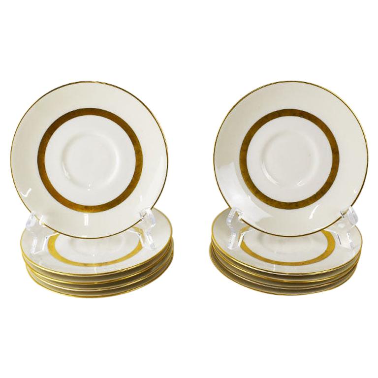 Theodore Haviland Gotham Ceramic Saucers in White and Gold, Set of 10 For Sale