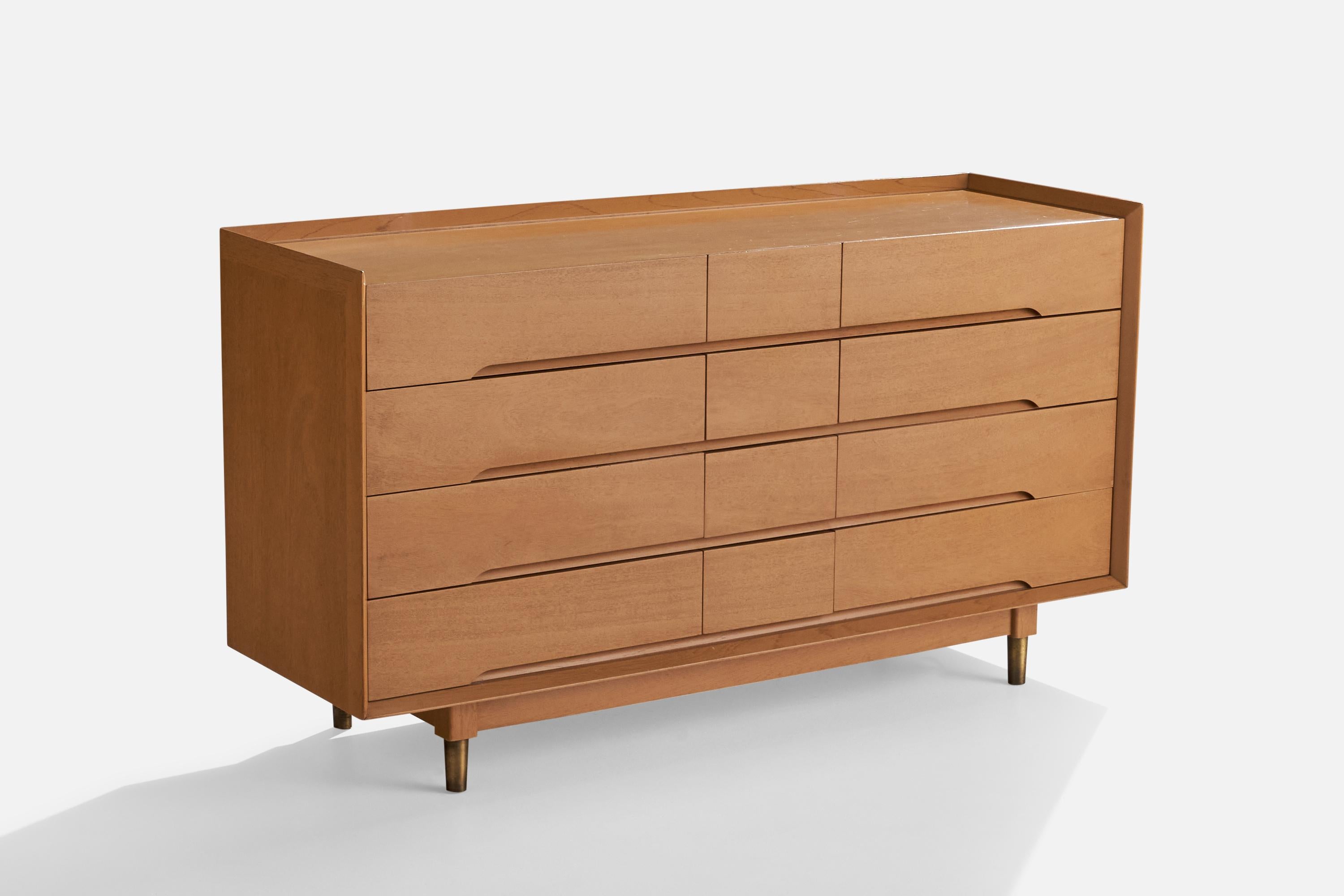 A mahogany and brass dresser designed by Theodore J. Walzcer and produced by The Beverly Hills Ensemble, USA, 1950s.
 