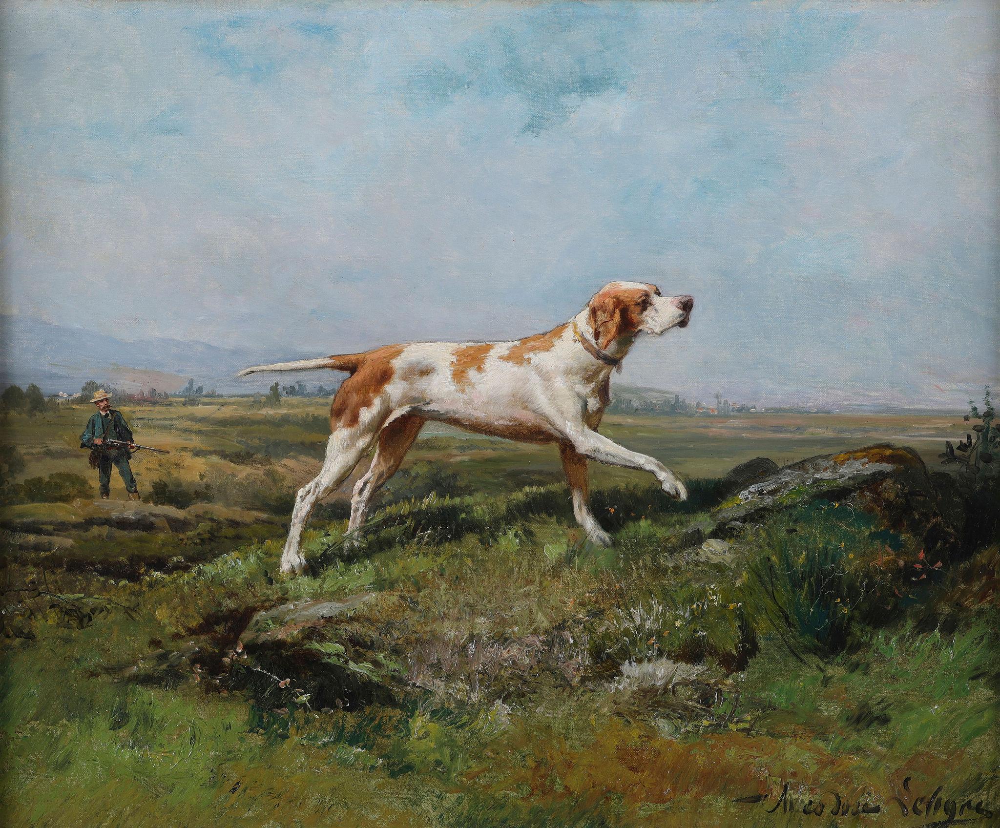 Un cazador y un perro de muestra. Pintura al óleo sobre lienzo - Painting de Theodore Levigne