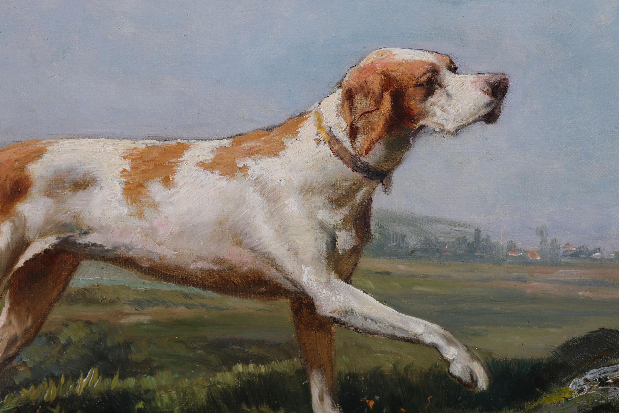 Un cazador y un perro de muestra. Pintura al óleo sobre lienzo - Painting Escuela de Barbizon de Theodore Levigne