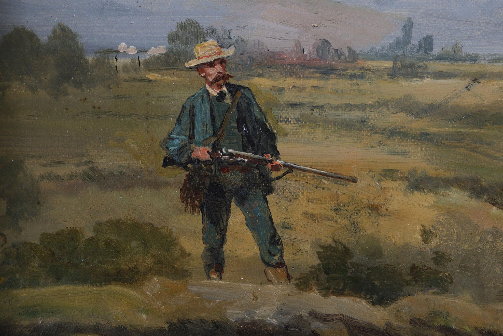 Un cazador y un perro de muestra. Pintura al óleo sobre lienzo en venta 1