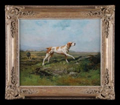 Un chasseur et un chien de chasse. Peinture à l'huile sur toile