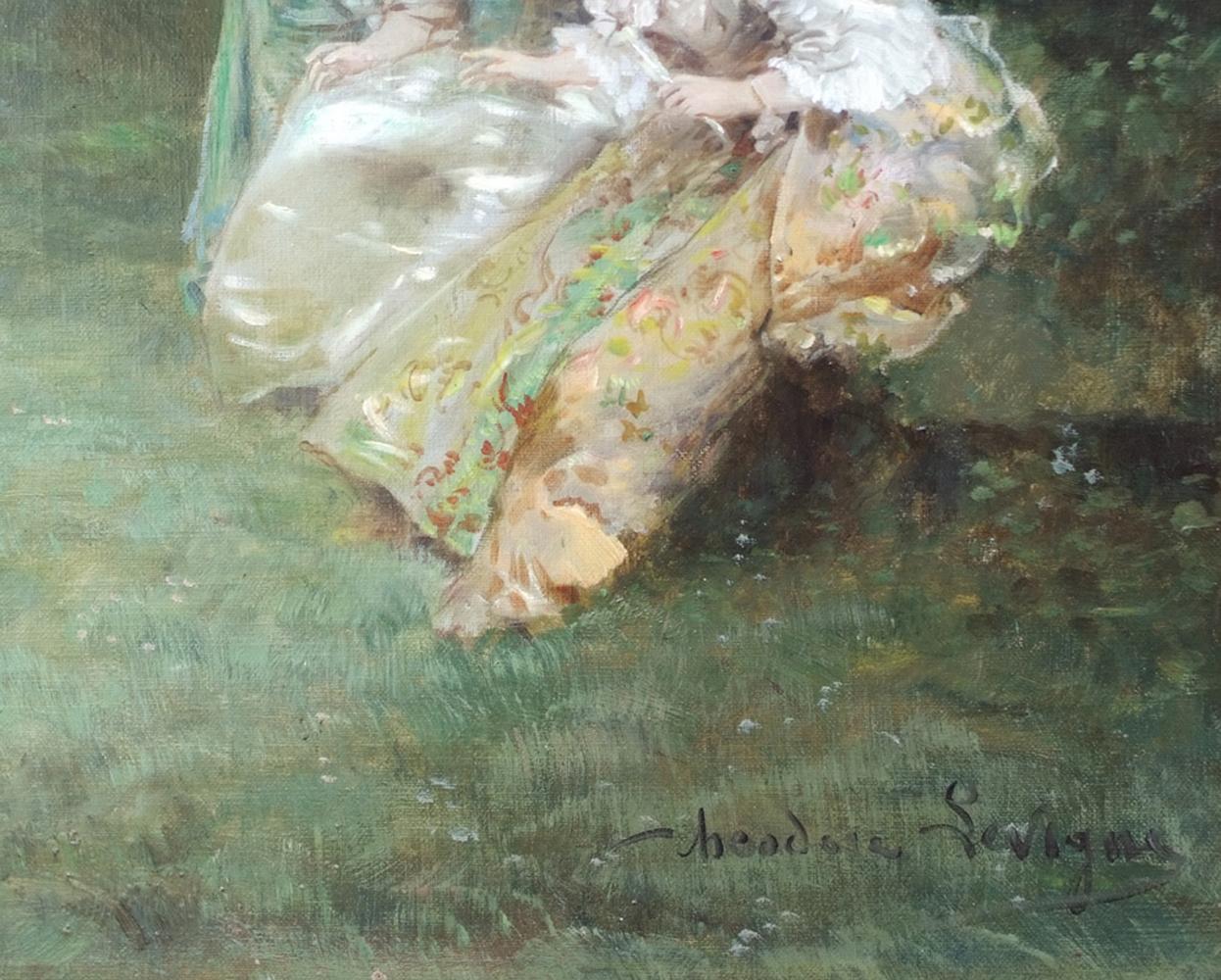 Gente de la alta burguesía en el parque en el siglo XVIII - Portrait Painting Marrón de Theodore Levigne