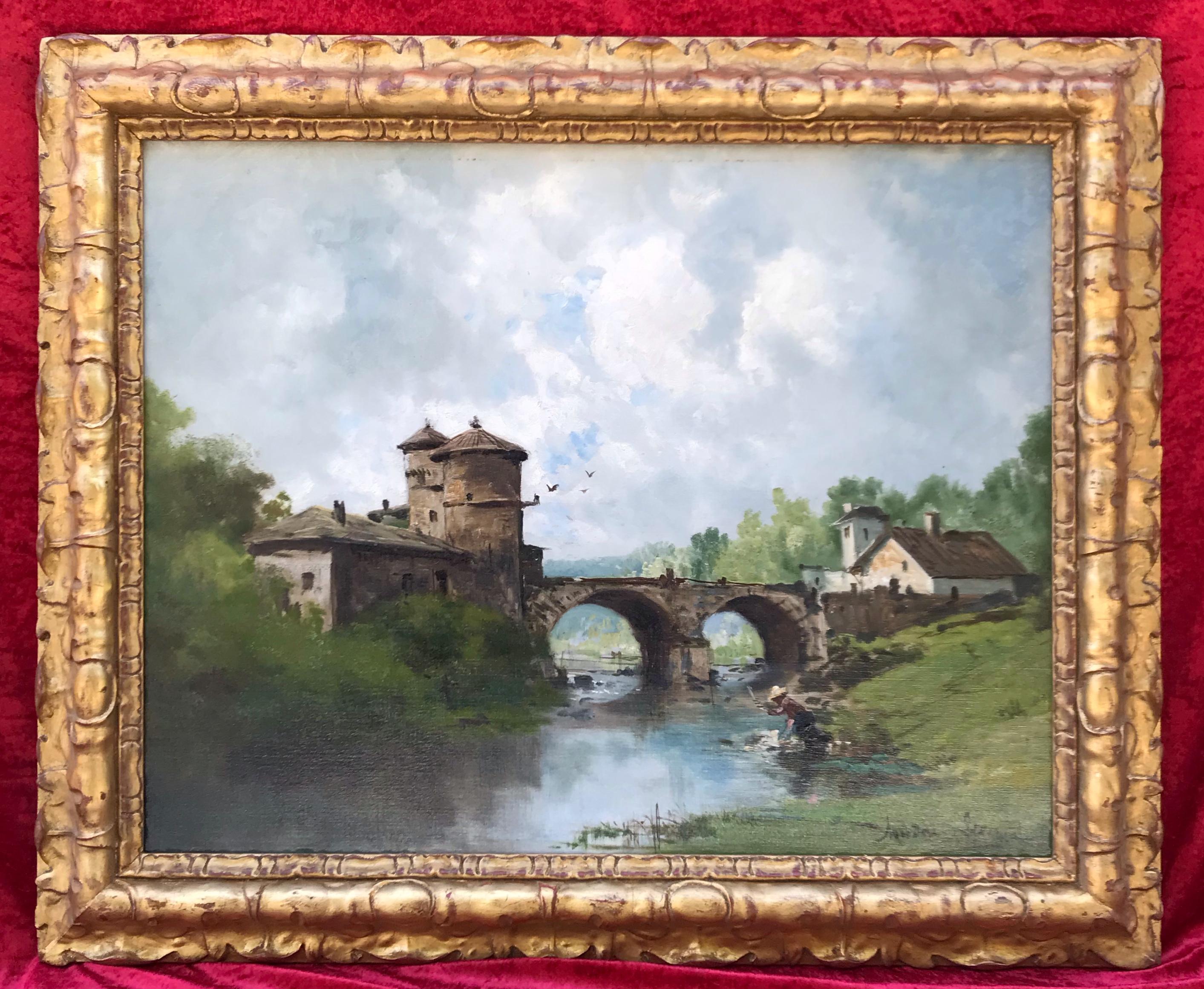 Theodore Levigne Landscape Painting - Landscape With Washerwoman