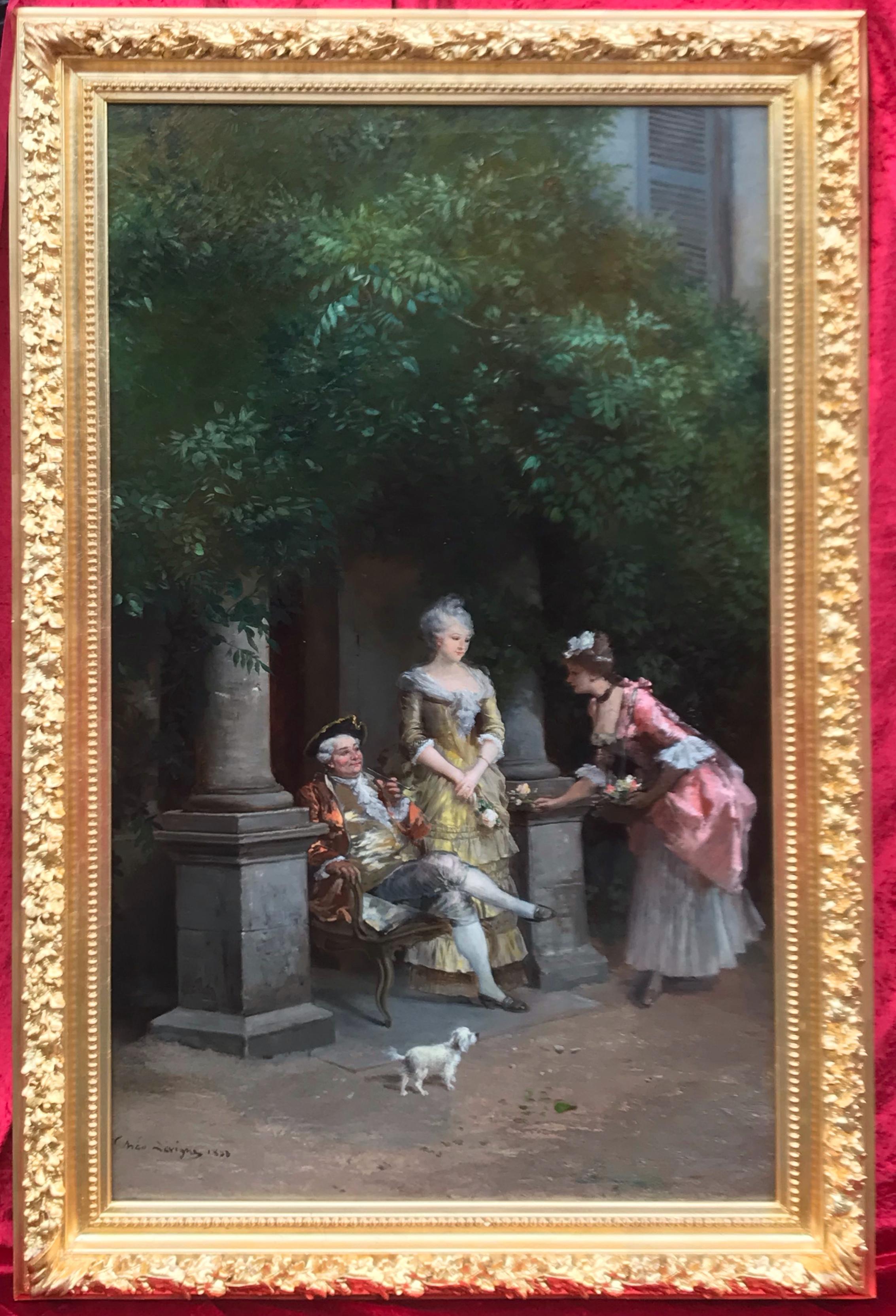 Portrait Painting Theodore Levigne - La jeune fille à fleurs - Scène de genre 18ème siècle