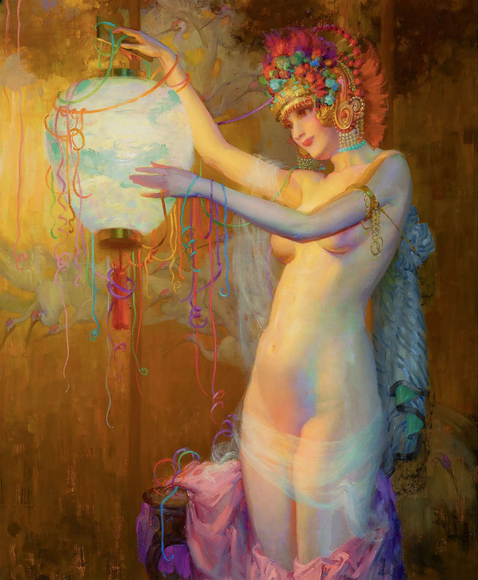 Nude Dancer with Ornate Floral  Headdress and Japanese Lantern  - Carnival For Sale 6