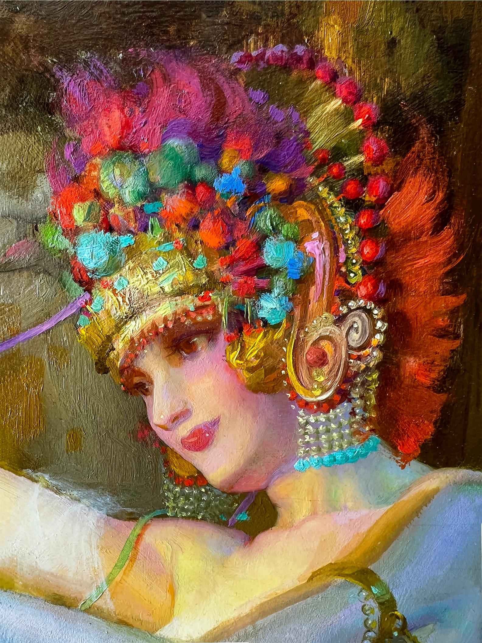 Akt Tänzerin mit verschnörkeltem Blumenmuster  Kopfschmuck und japanische Laterne  - Karneval  – Painting von Theodore Lukits
