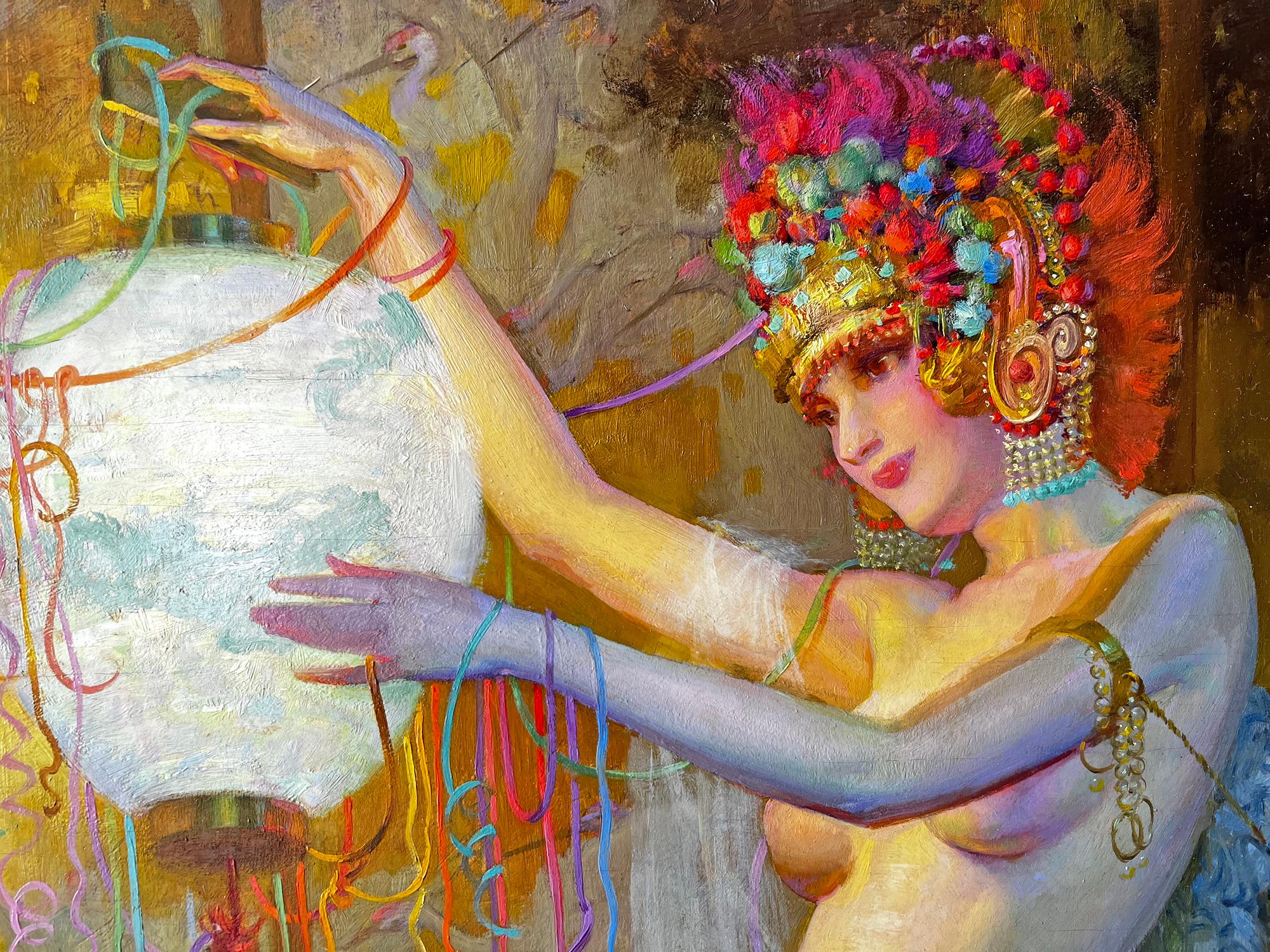 Akt Tänzerin mit verschnörkeltem Blumenmuster  Kopfschmuck und japanische Laterne  - Karneval  (Post-Impressionismus), Painting, von Theodore Lukits
