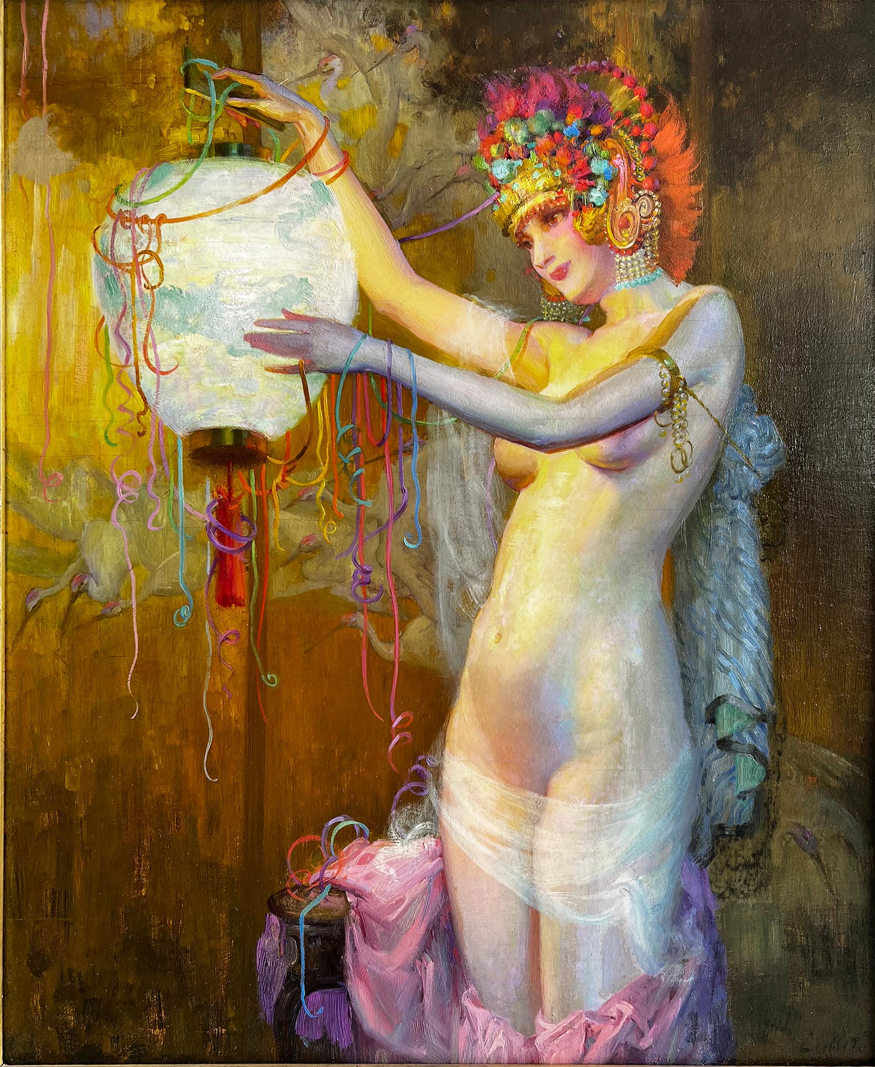 Theodore Lukits Nude Painting – Akt Tänzerin mit verschnörkeltem Blumenmuster  Kopfschmuck und japanische Laterne  - Karneval 