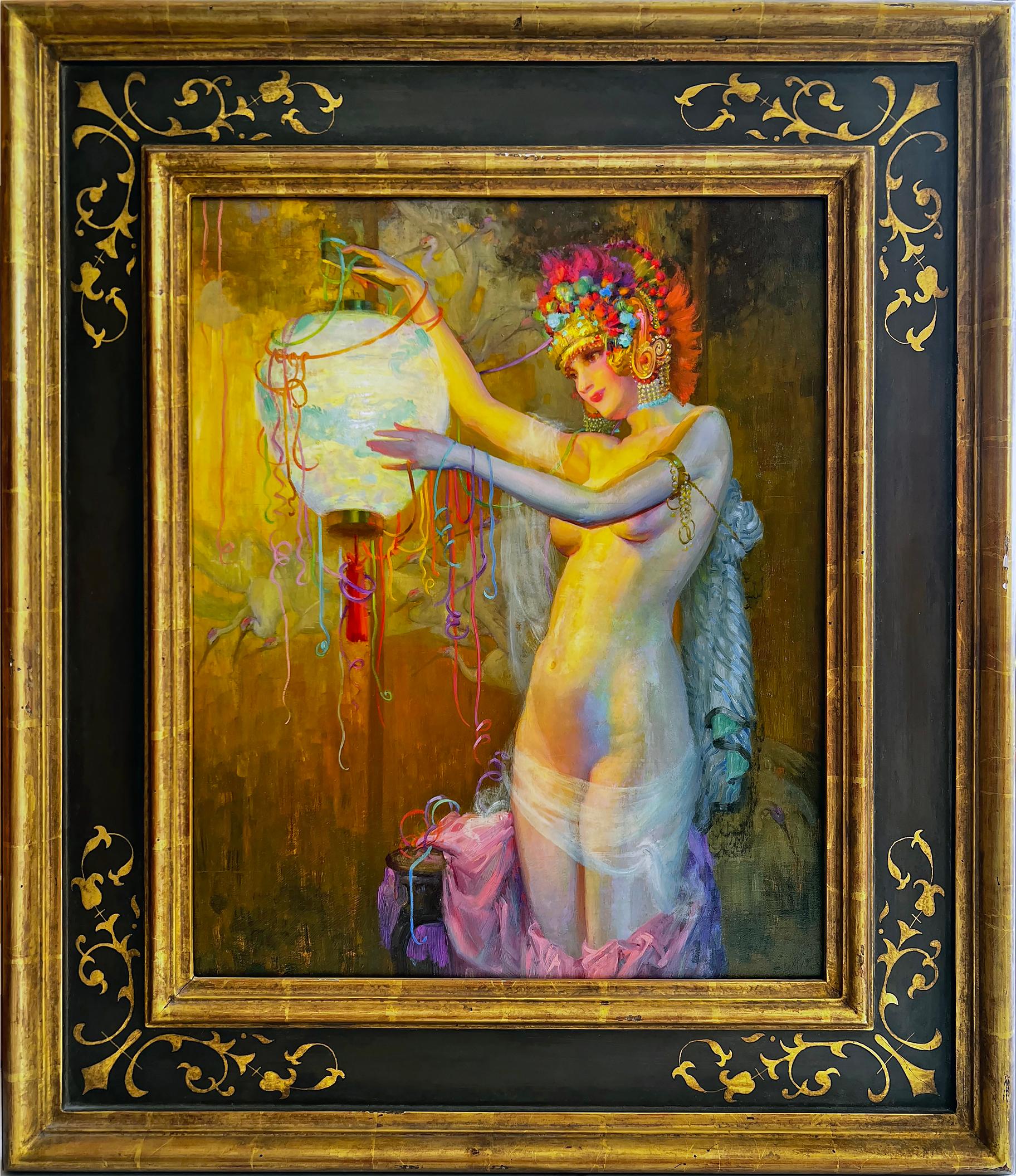 A stunning, beautiful nude dancer exhibiting ideal proportions and crowned with an ornate floral headdress holds a luminescent Japanese Lantern. The lantern glows, and the dancer glows back in this light-infused painting. The background shows a