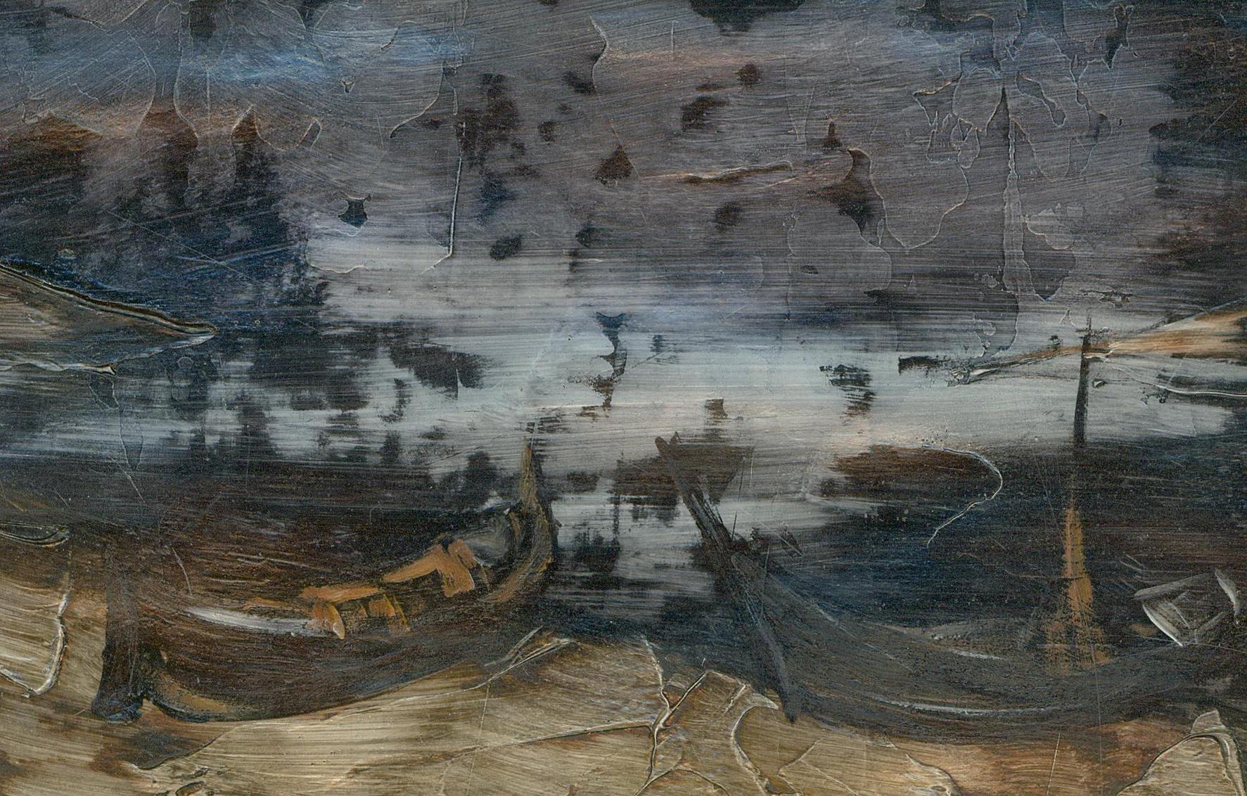 Thin and directional layers of oil paint are scraped, dragged and smudged across an uneven primer to create a sullen painting depicting two boats ashore a cold beach in front of a vacant sea.

The painting evokes a harrowing honesty, and through