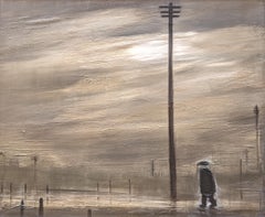 'Dark Day at Wigan' Monochrome atmospheric landscape painting with figure & sky