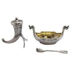 Theodore Olsens Norway Sterling Silver Viking Ship Horn Salt Pepper Shaker 15963