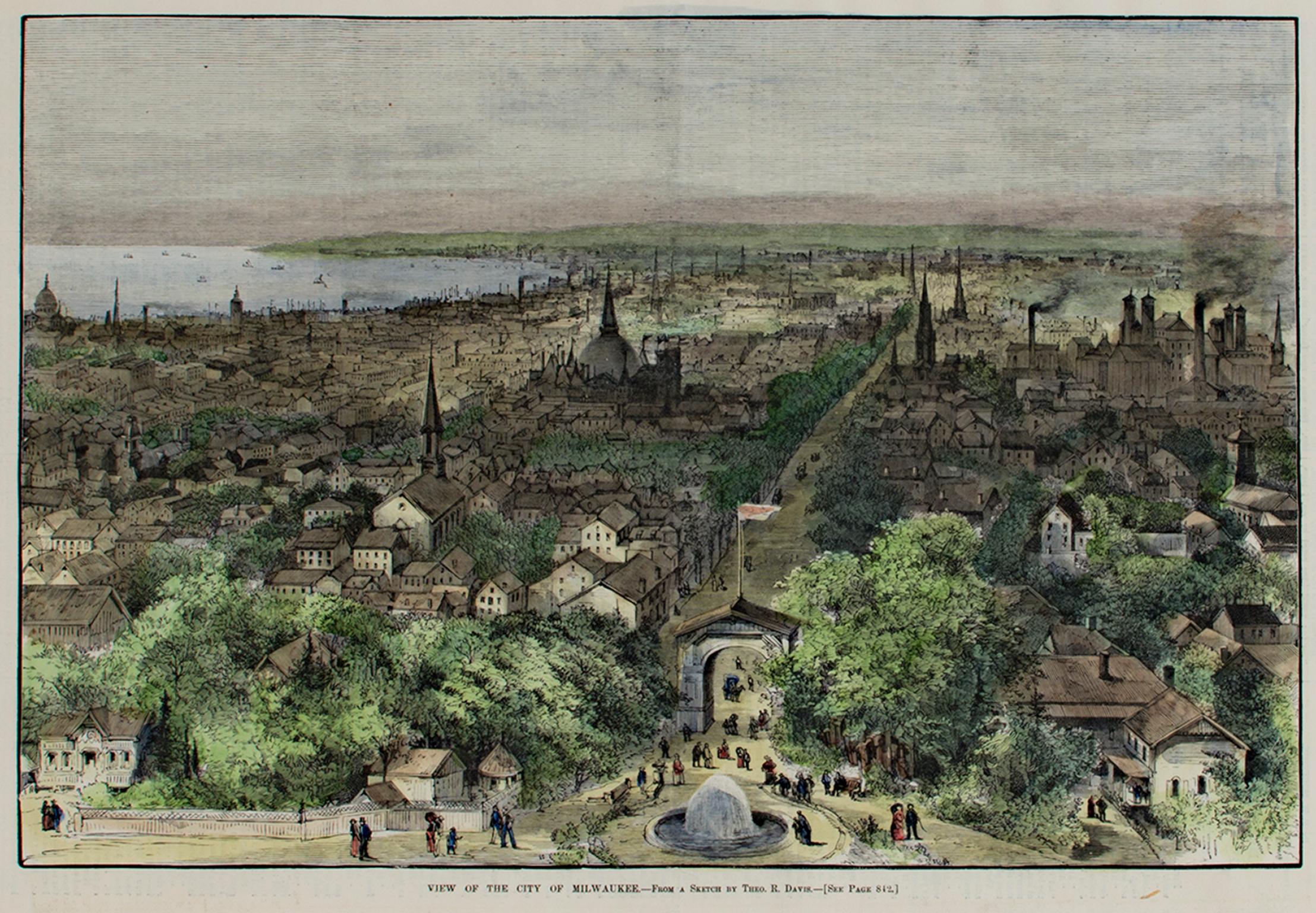 Theodore R. Davis Landscape Print – Farb cityscape Milwaukee des späten 19. Jahrhunderts Bäume Figuren Seekirchen