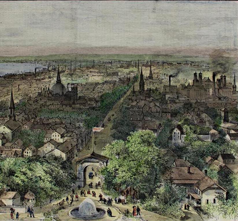 Late 19th century color cityscape Milwaukee trees figures lake churches - Print by Theodore R. Davis