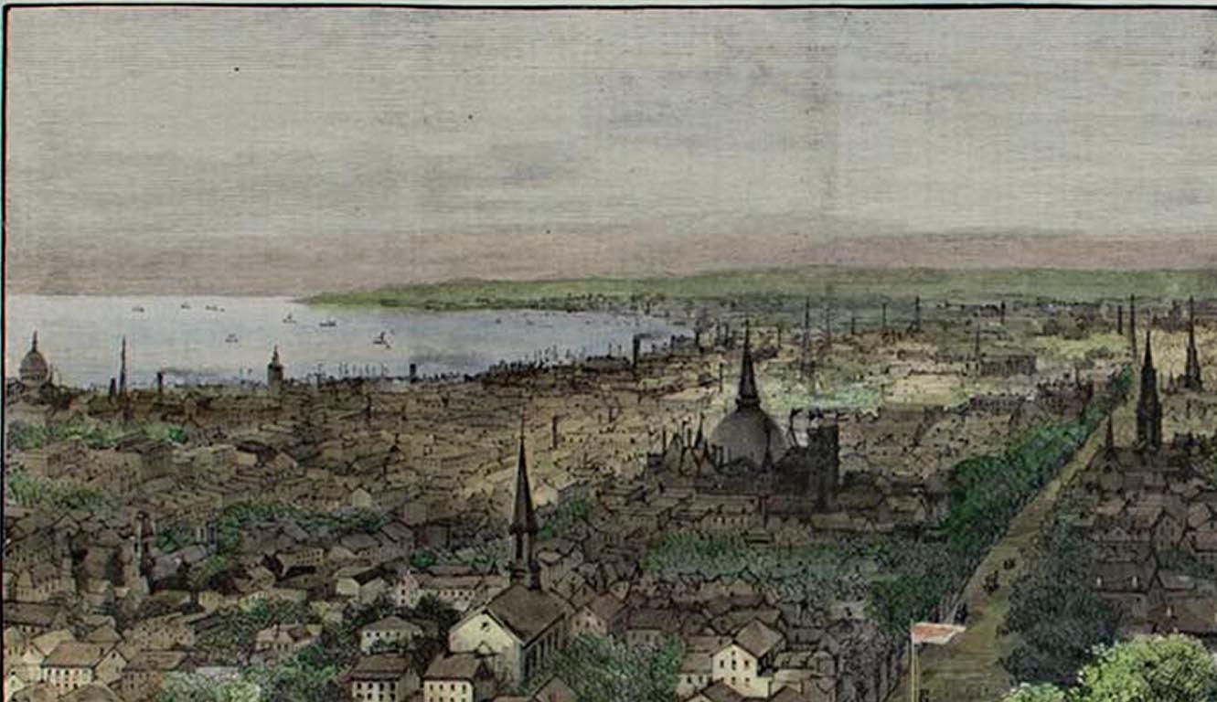 Paesaggio urbano a colori della fine del XIX secolo Milwaukee alberi figure chiese lago - Print Altro stile artistico di Theodore R. Davis