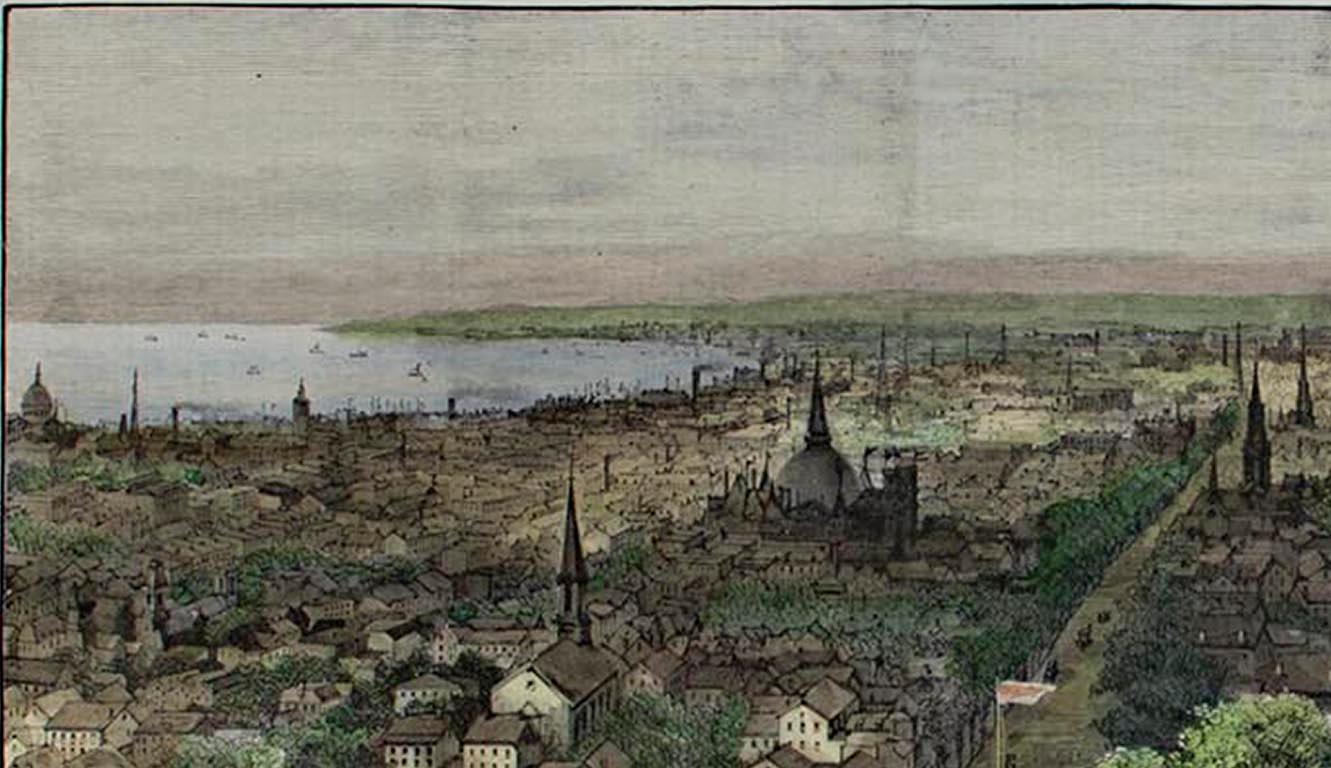 Farb cityscape Milwaukee des späten 19. Jahrhunderts Bäume Figuren Seekirchen (Sonstige Kunststile), Print, von Theodore R. Davis