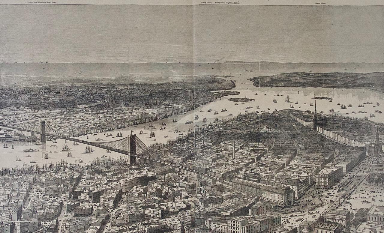  1870 View of Proposed Brooklyn Bridge and New York City - Print by Theodore R. Davis