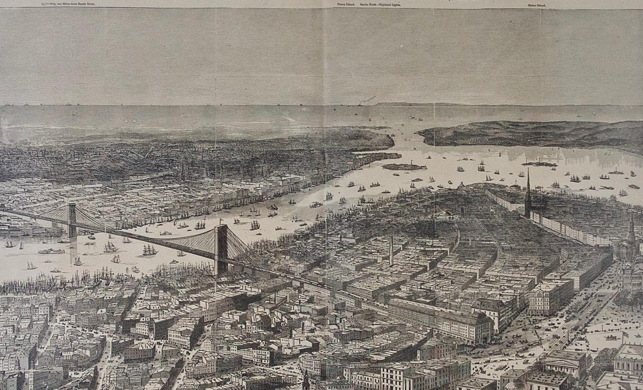 1870 Vista del proyecto de puente de Brooklyn y la ciudad de Nueva York - Print de Theodore R. Davis