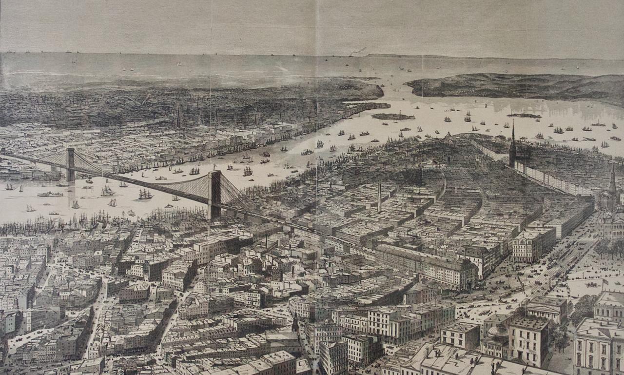 1870 Vista del proyecto de puente de Brooklyn y la ciudad de Nueva York - Print Naturalista de Theodore R. Davis