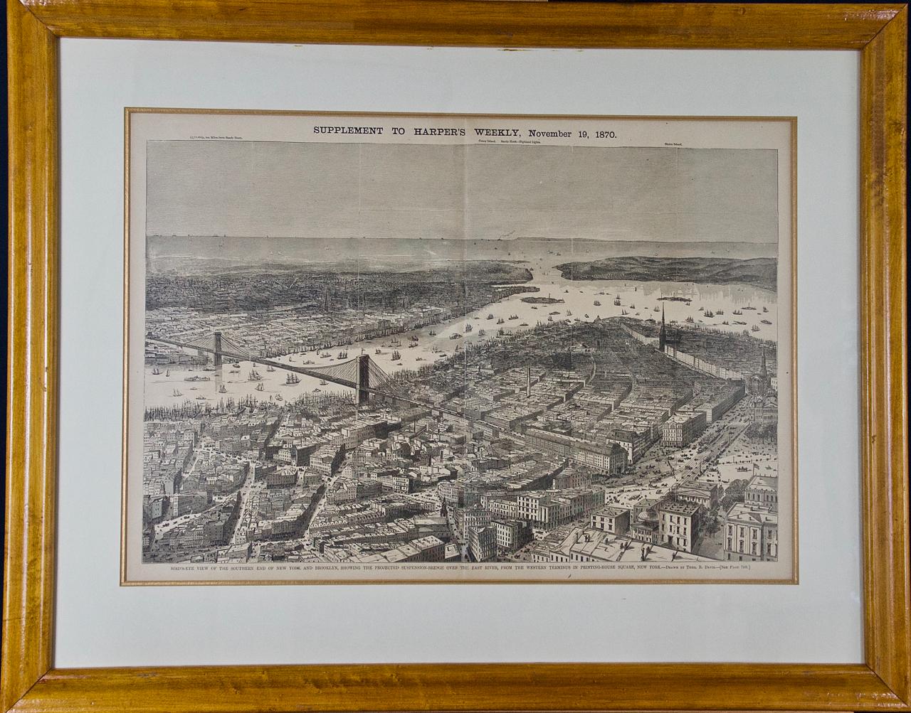 1870 Vista del proyecto de puente de Brooklyn y la ciudad de Nueva York