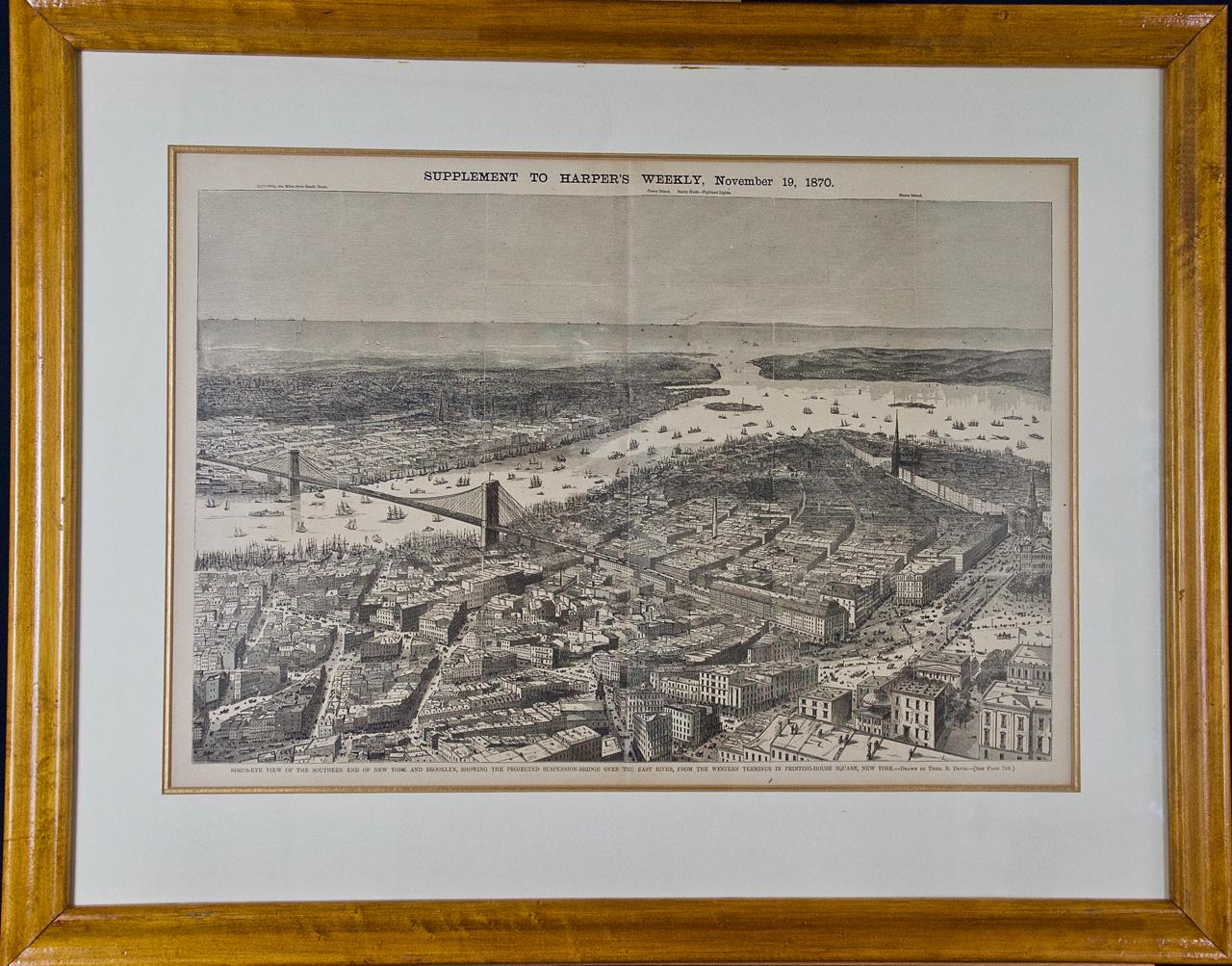  1870 Ansicht der geplanten Brooklyn Bridge und New York City